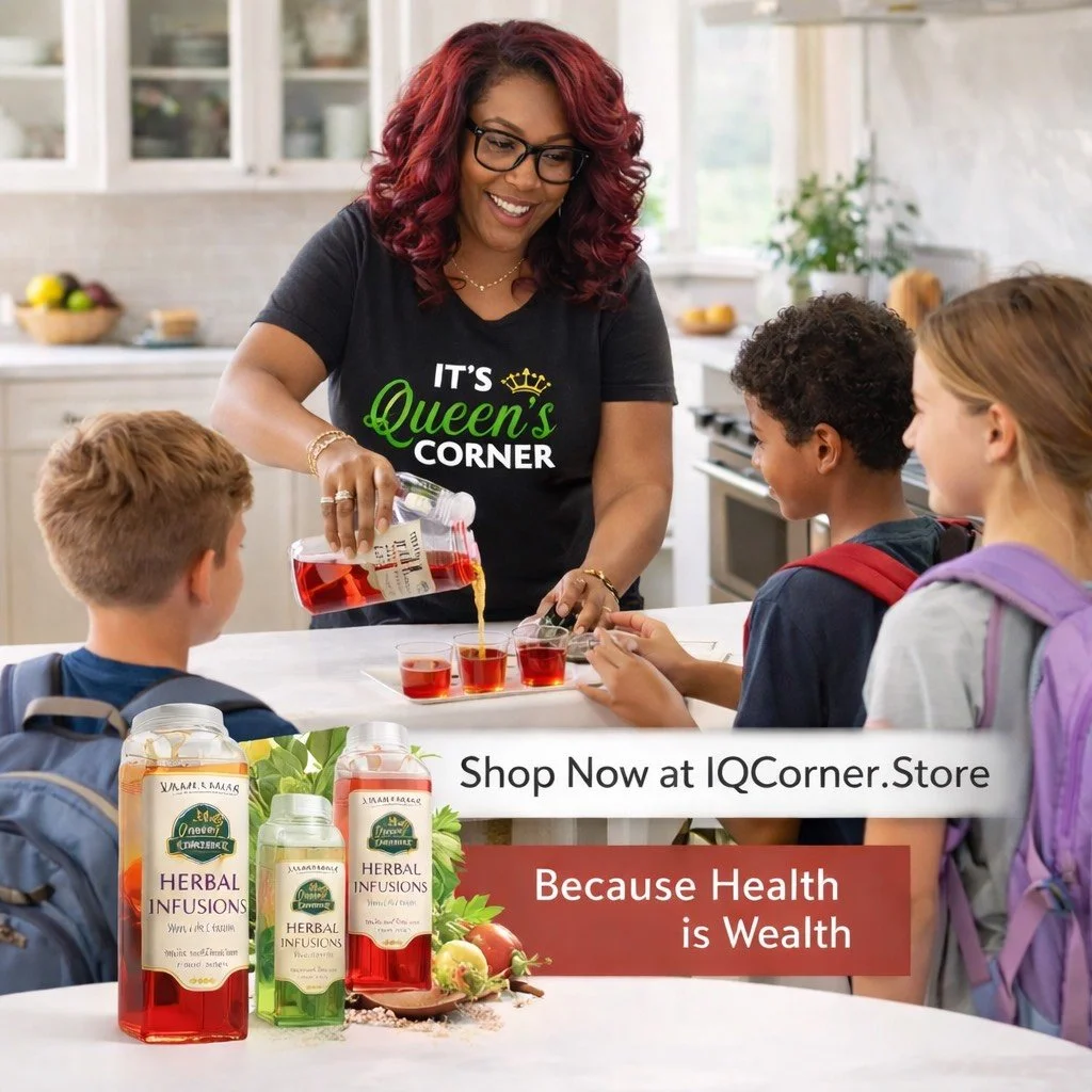 A woman serving herbal herbal infusions to children in a bright kitchen. The woman wears a black T-shirt that says "It's Queen's Corner." There are herbal infusion bottles and a banner with text: "Shop now at IQCorner.Store" and "Because health is wealth."