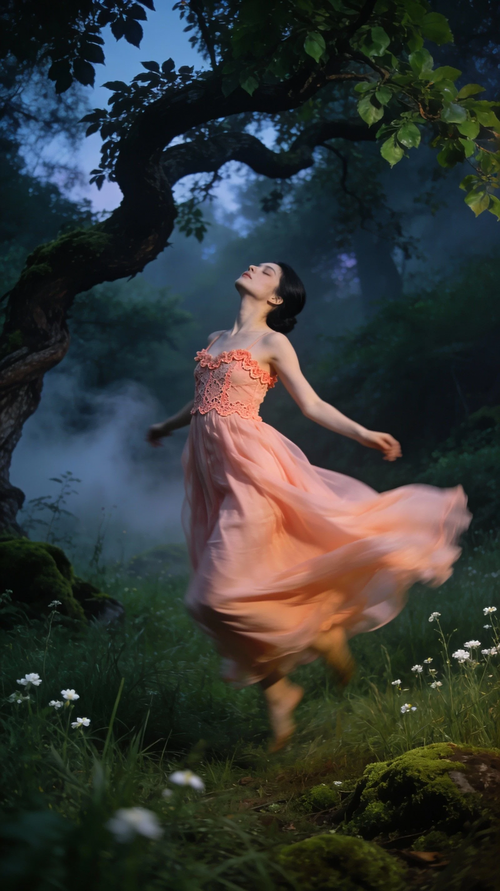 A woman in a flowing peach dress spinning in a lush, green forest with mist and tall trees.
