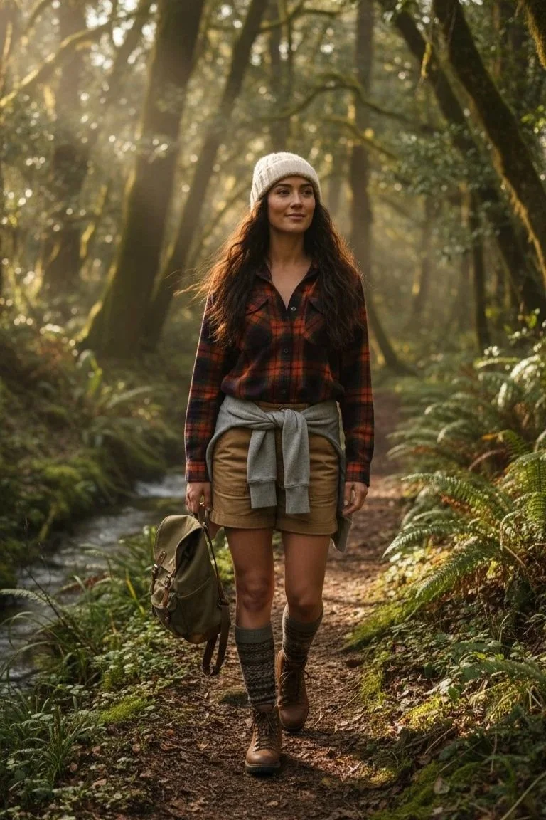 A woman hiking in a lush forest during daytime, wearing a beanie, plaid shirt, shorts, and hiking boots, carrying a backpack.