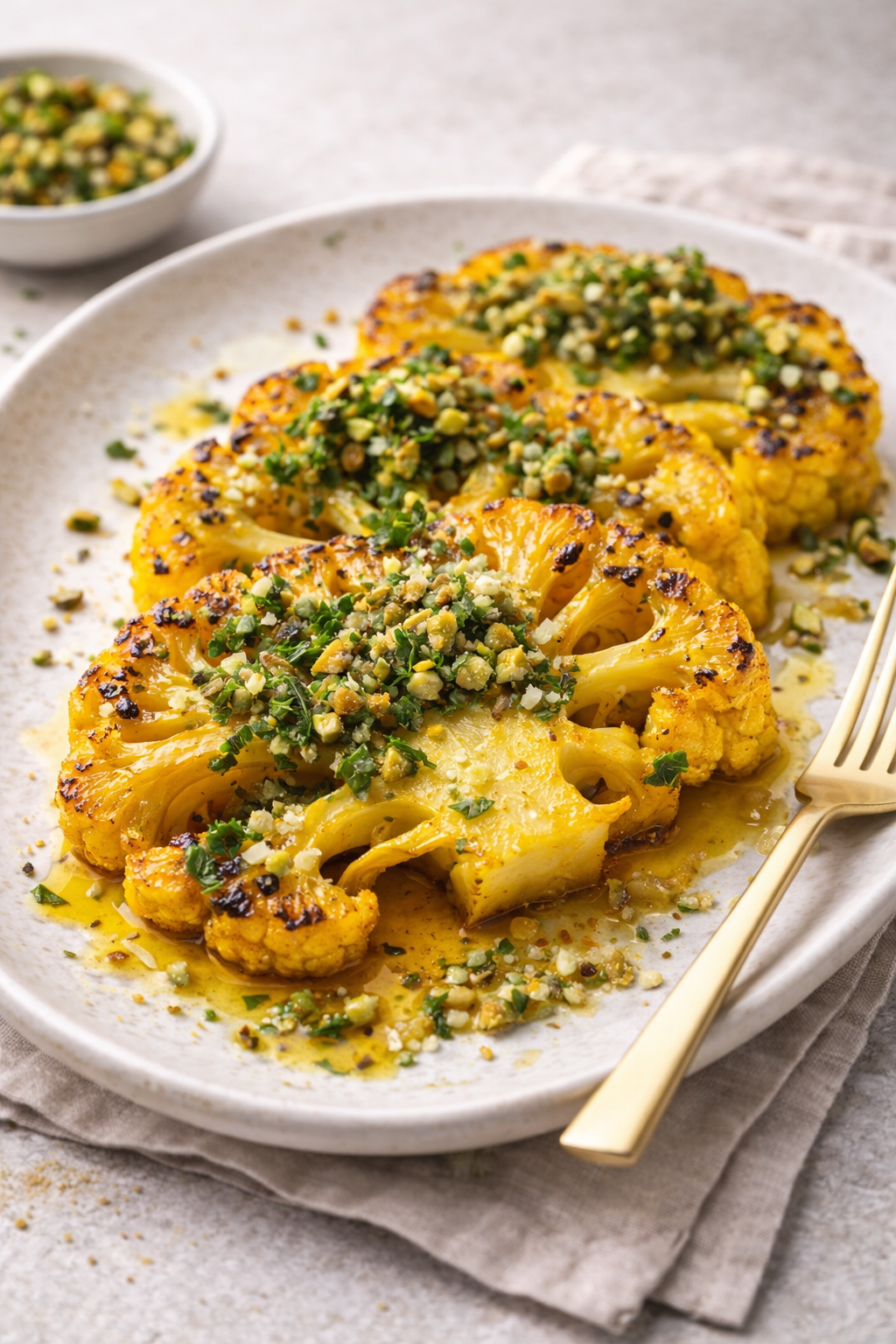 Keto Saffron-Roasted Cauliflower Steaks with Pistachio Gremolata