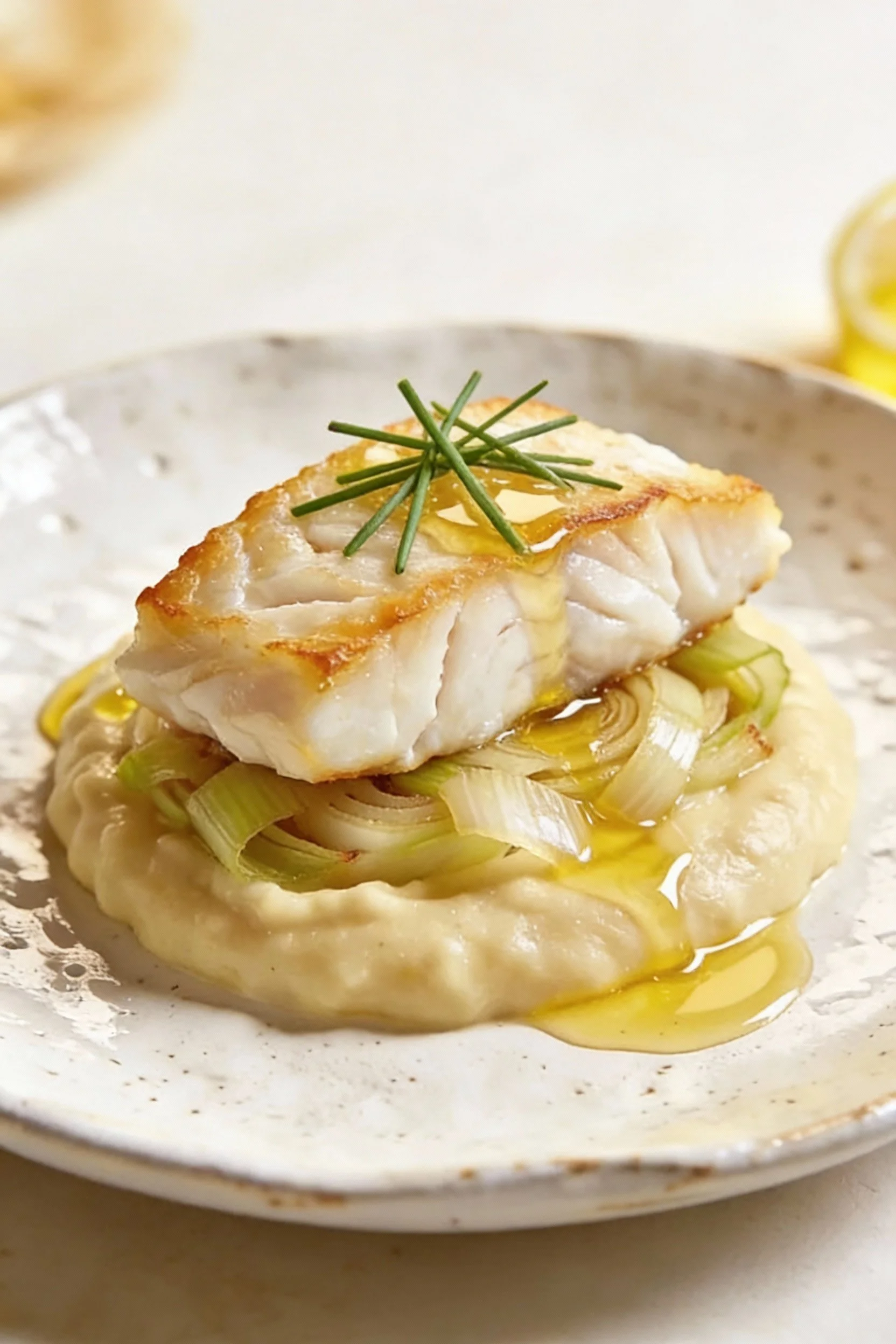 Butter-Poached Cod with Fennel–Leek Purée &amp; Lemon Oil