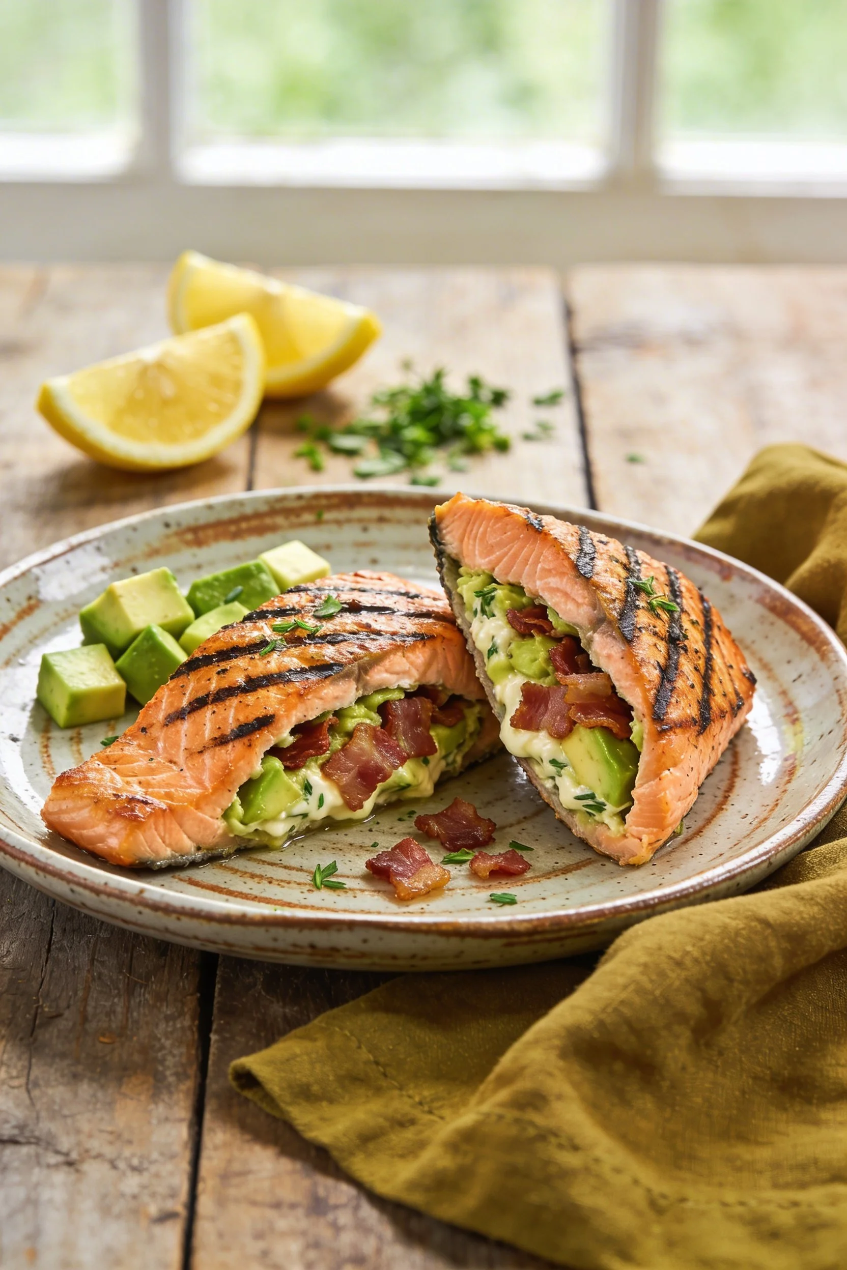 Keto Grilled Avocado &amp; Bacon Stuffed Salmon 