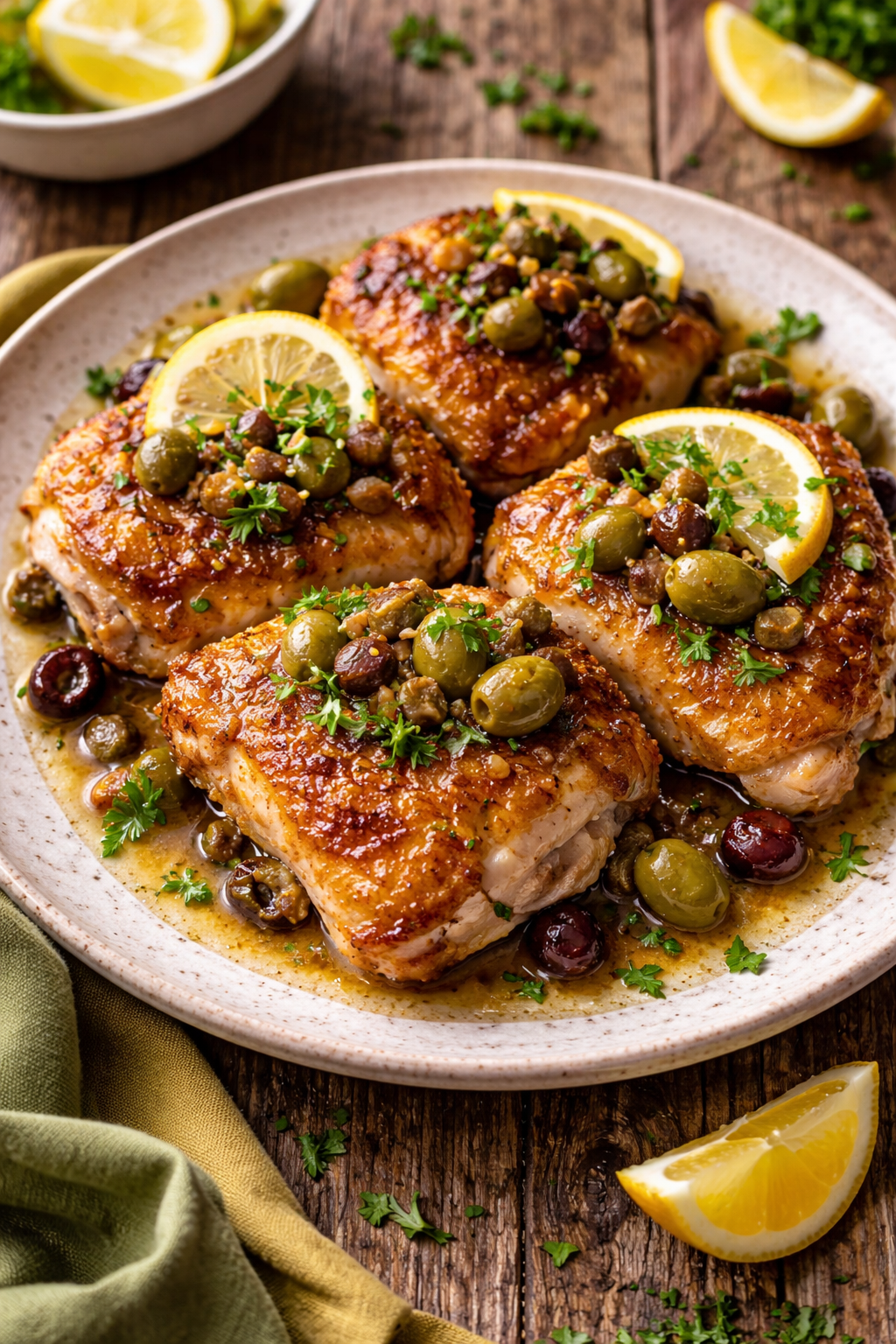 Keto Crispy Chicken Thighs with Olive–Lemon Pan Sauce