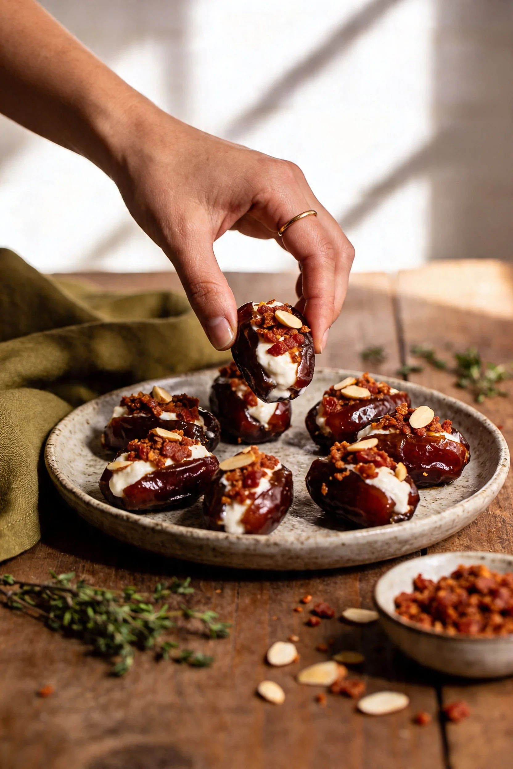 Chorizo-Stuffed Dates with Goat Cheese &amp; Almond Crumble