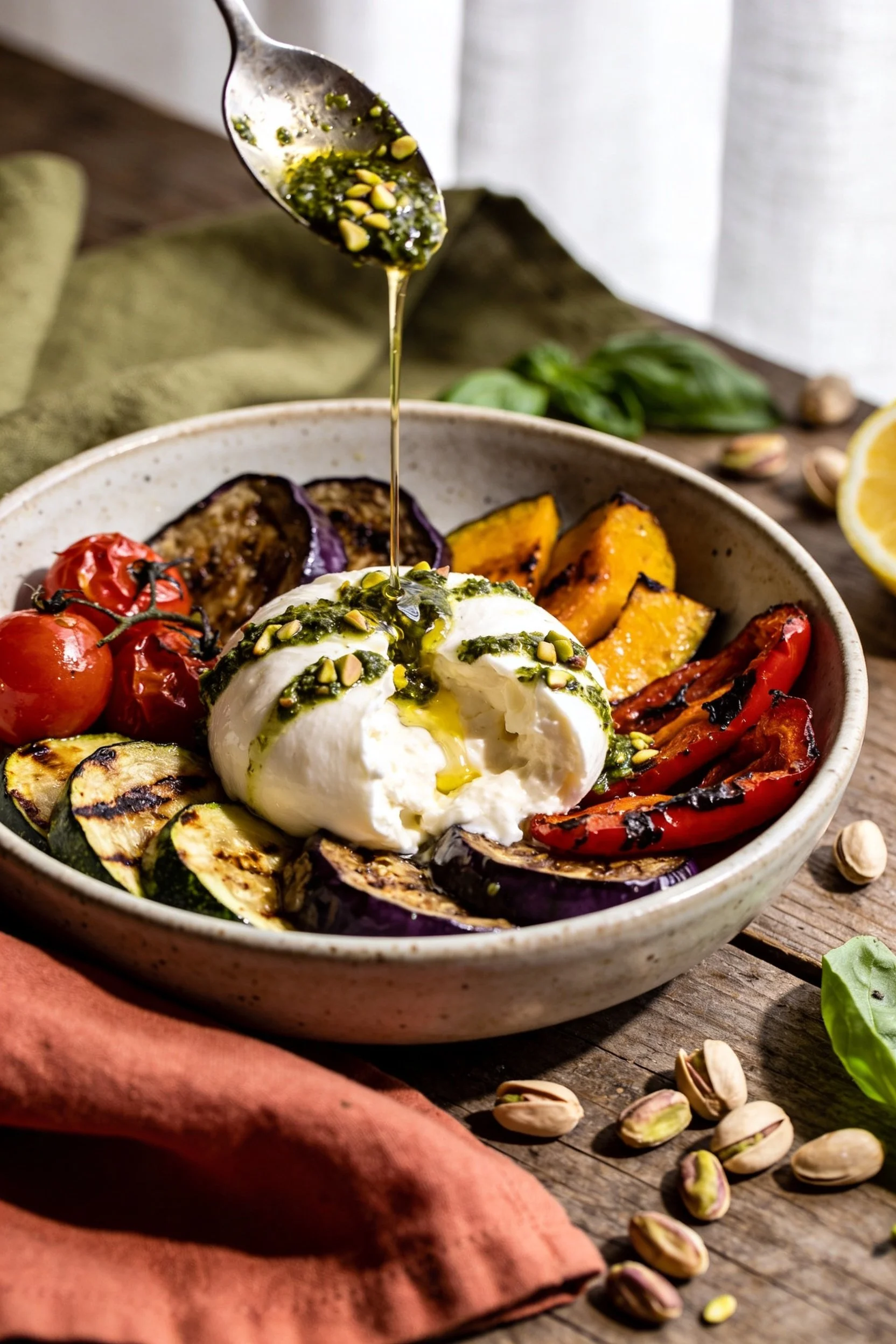 Keto Roasted Vegetable &amp; Burrata Bowl with Basil Pistachio Drizzle