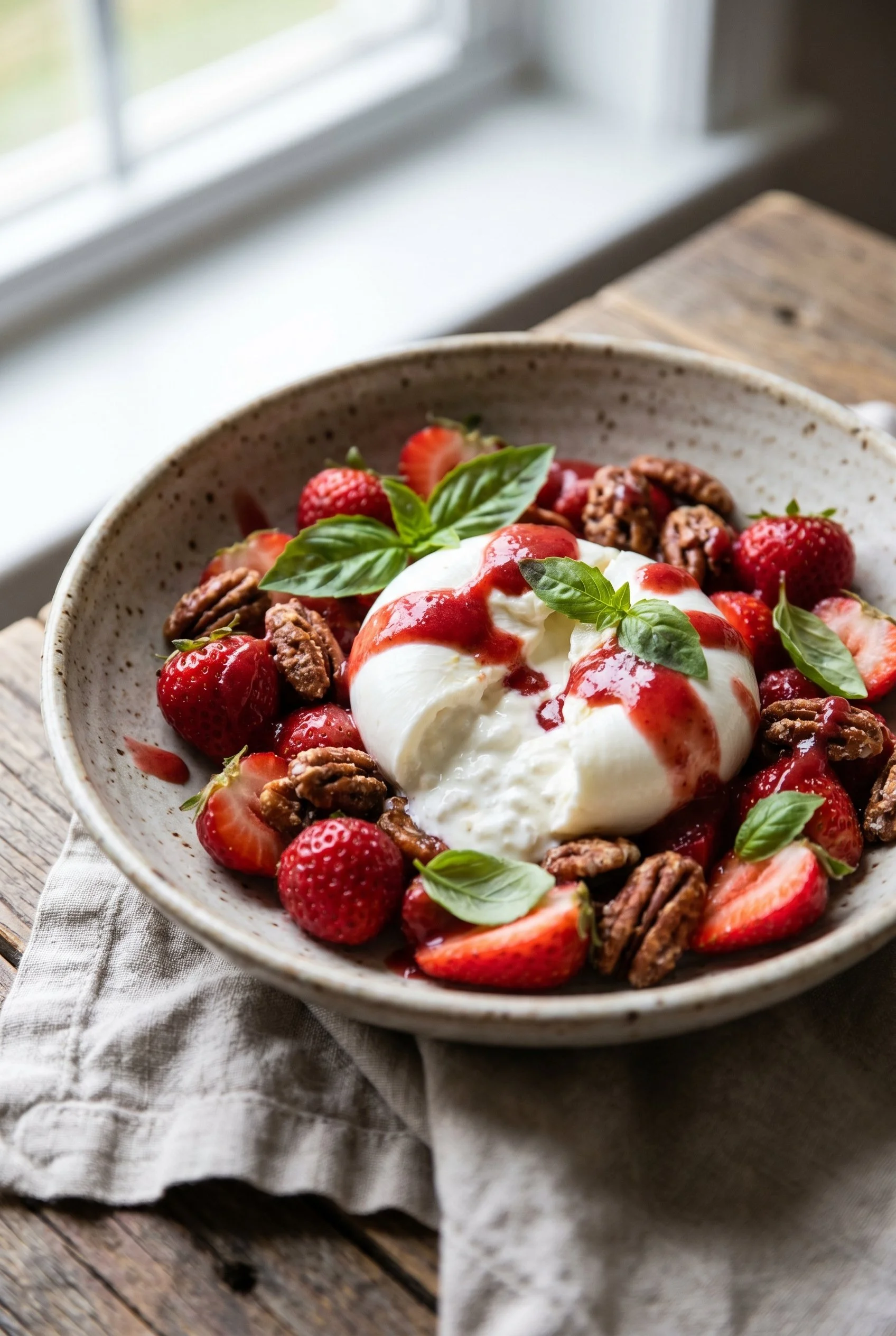 Keto Strawberry Burrata Salad with Basil &amp; Candied Pecans