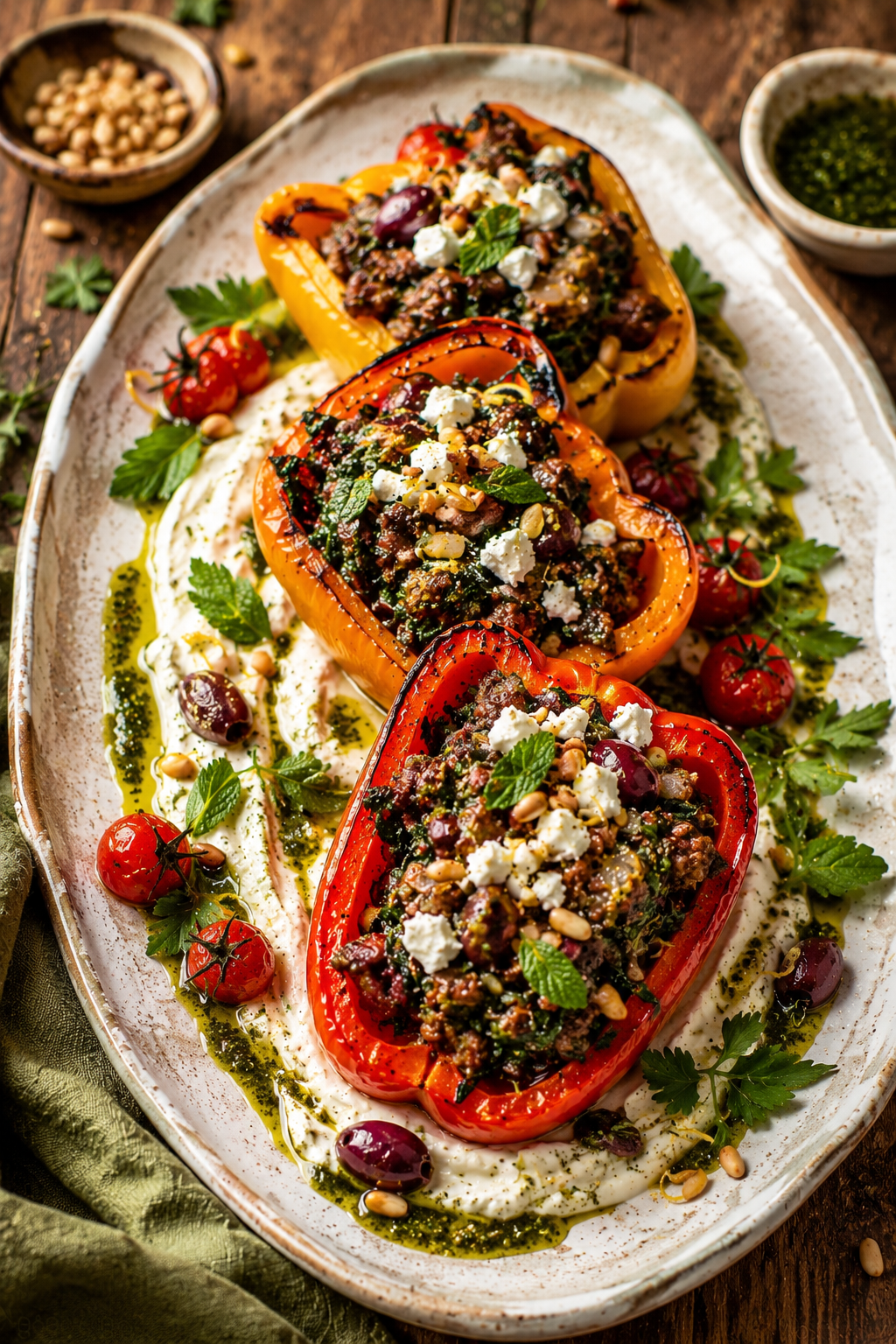 Keto Mediterranean Stuffed Peppers with Lamb, Spinach &amp; Whipped Feta