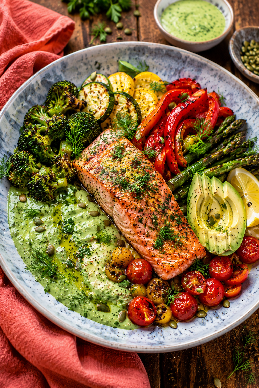 Keto Rainbow Salmon &amp; Roasted Vegetable Bowls