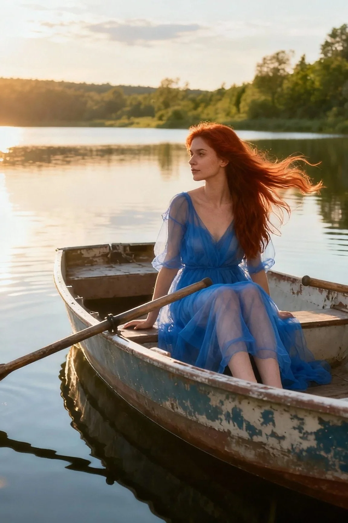A woman with long red hair wearing a blue dress sitting in an old rowboat on a calm lake during sunset.