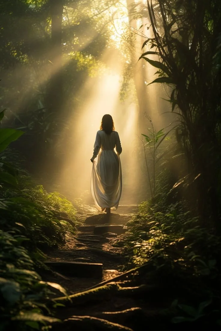 A woman in a white dress walking on a forest trail with sunlight streaming through the trees.