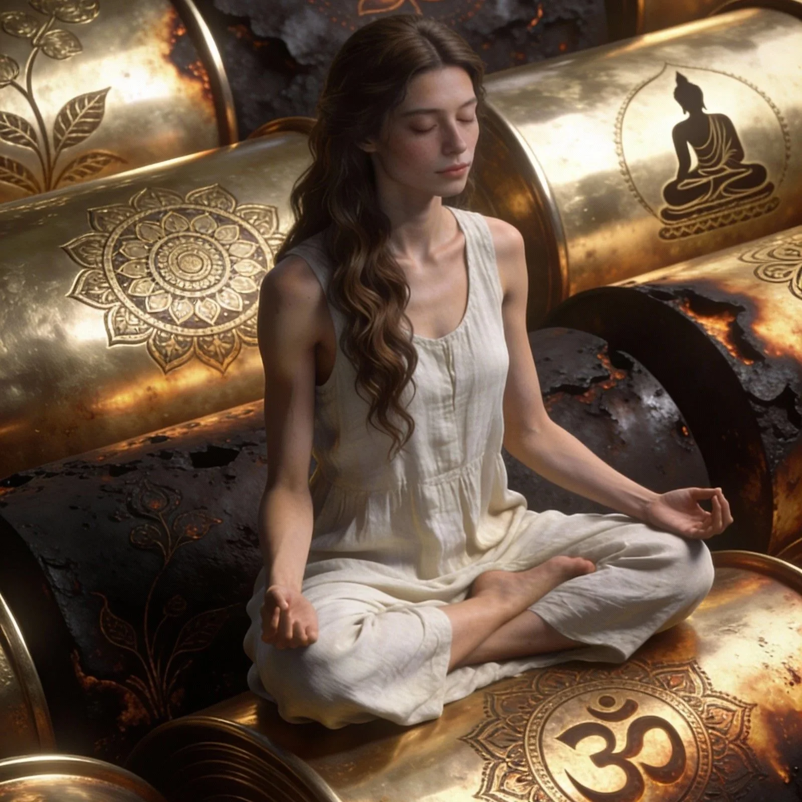 A young woman with long brown hair meditating in a cross-legged sitting position with closed eyes, wearing a white sleeveless dress, on a large, ornate, golden and black surface with spiritual symbols including an 'Om' symbol.