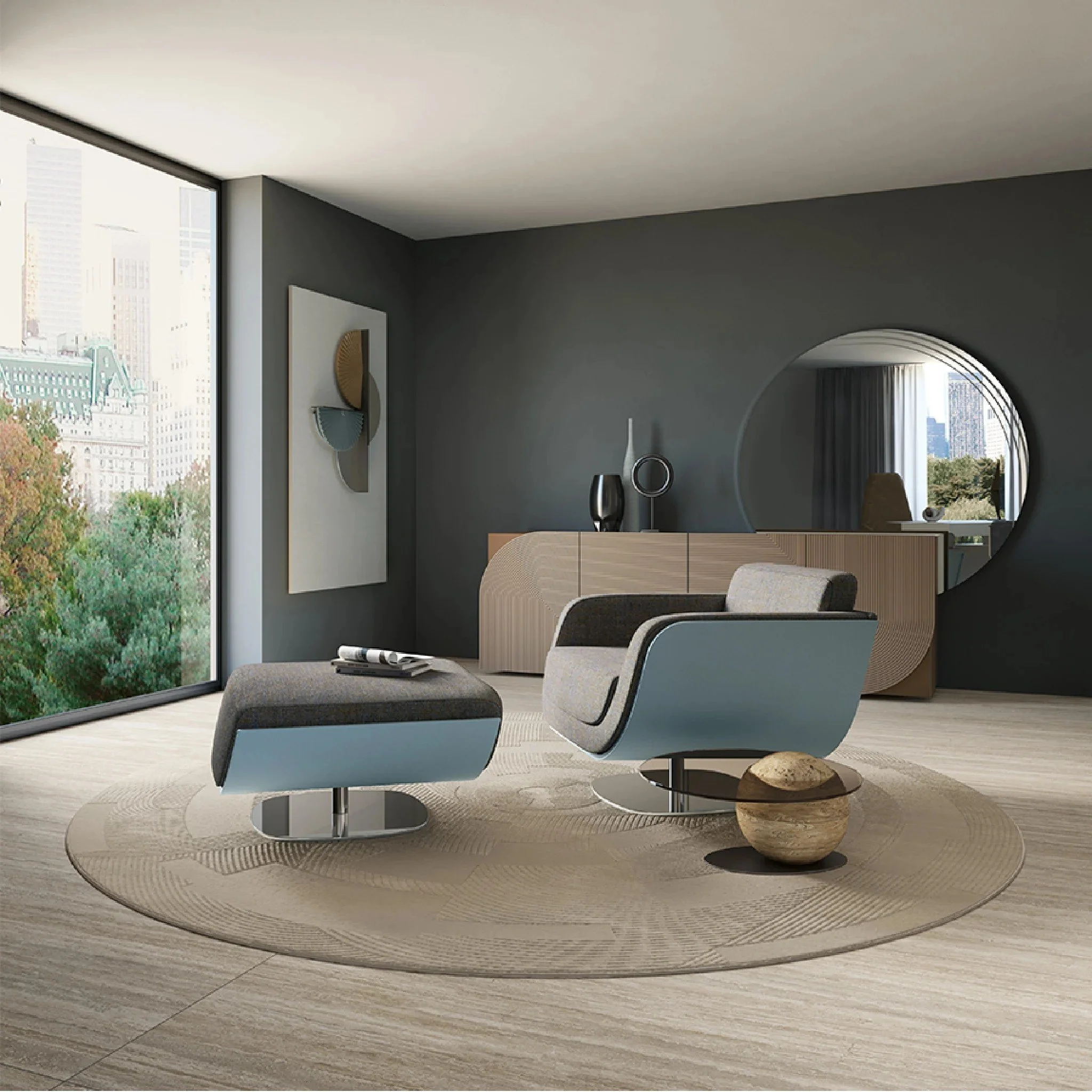 Chrome base swivel Armchair & ottoman