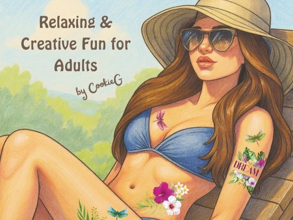 Pencil sketched image of a woman with floral tattoos, lounging in the sun. coloring book 