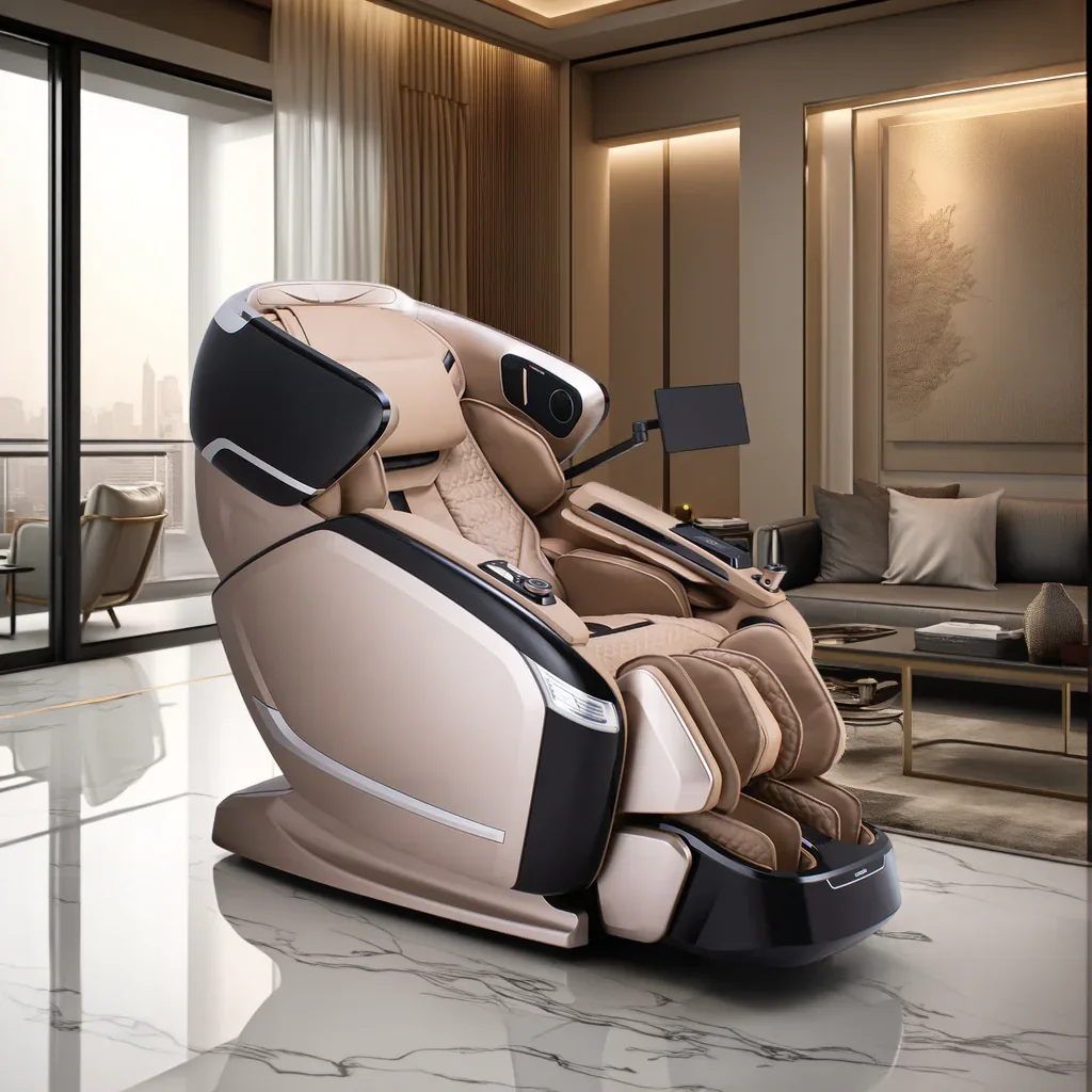 A luxurious living room with a futuristic beige and black massage chair or robot in the center, surrounded by comfortable sofas, a small coffee table, and large windows showing a cityscape.