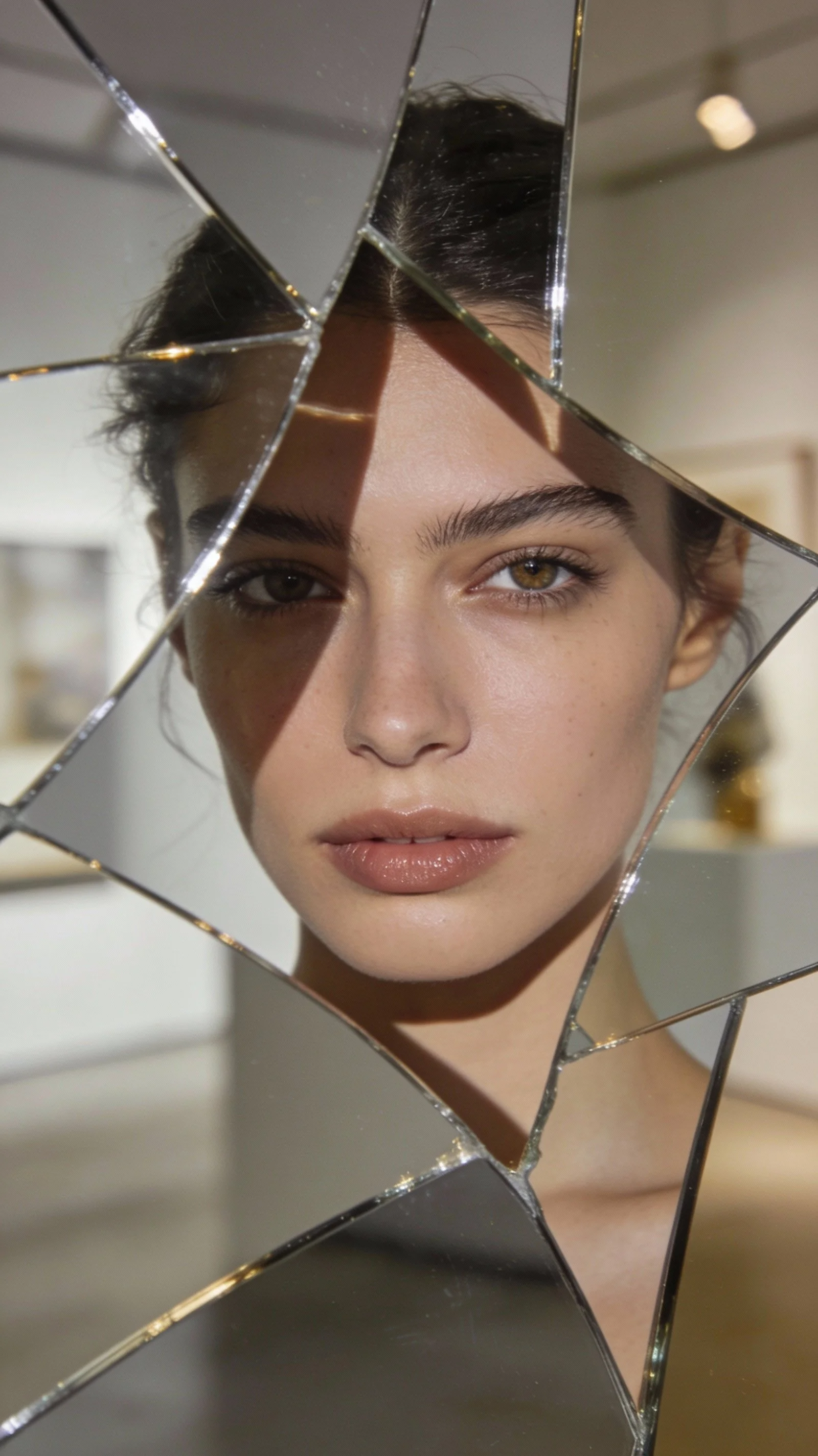 Woman peering through broken glass mirror