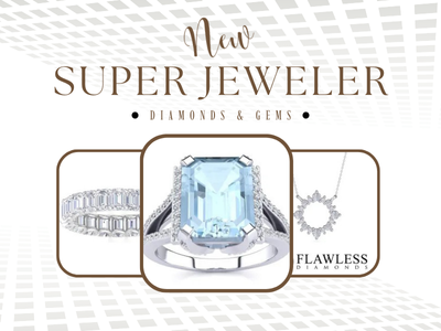 Advertisement for a jewelry store called 'Nail Super Jeweler' featuring diamond and gem jewelry, including a large emerald-cut blue gemstone ring in the center, a diamond bracelet on the left, and a diamond necklace on the right, with the tagline 'Flawless Diamonds'.