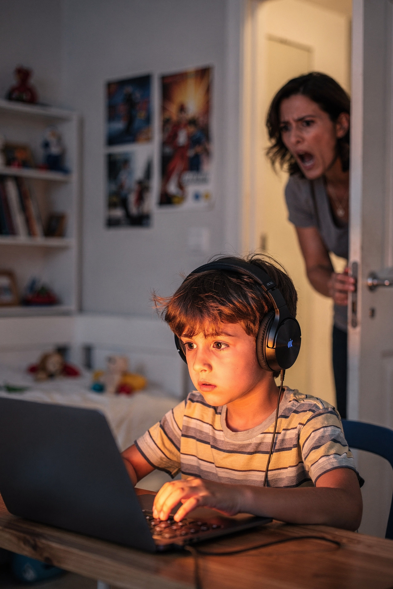 A young boy wearing headphones is sitting at a desk, looking at a laptop with a surprised or confused expression. An adult woman is peeking into the room through a doorway in the background, appearing shocked or angry.