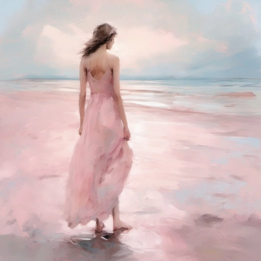 An animated oil painting of a woman in a pink dress walking on a beach with pastel-colored sky and ocean in the background.