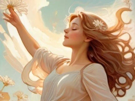 A woman with long flowing hair and a flower in her hair, enjoying a sunny day outdoors with her eyes closed and arms raised.