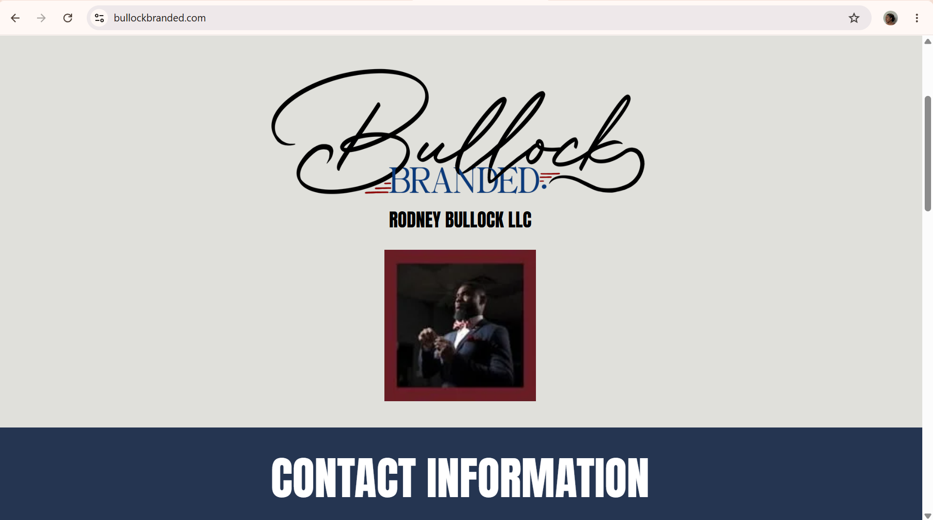 Screenshot of a website homepage with the logo 'Bullock Branded,' a photograph of a man in a suit, and contact information section.