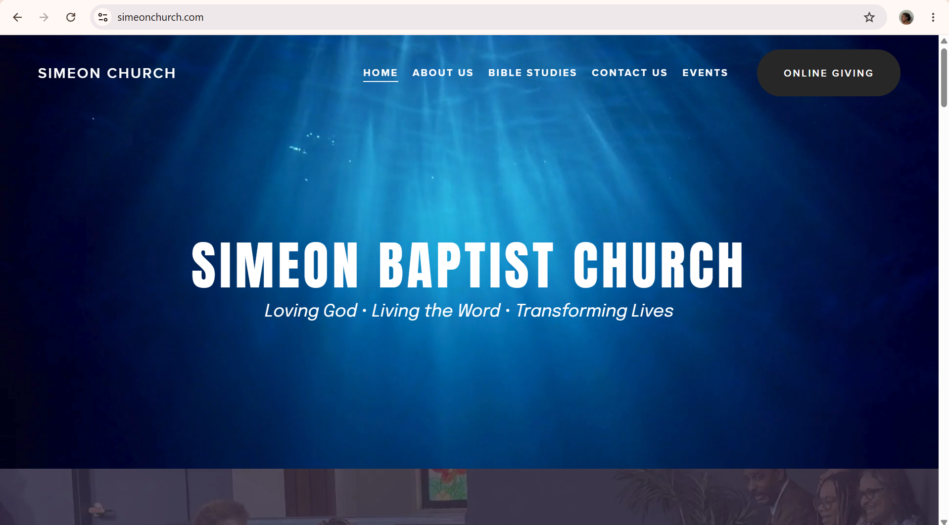 Screenshot of the homepage of Simeon Church website featuring a blue background with light rays, the church name in large white letters, and menu options including Home, About Us, Bible Studies, Contact Us, Events, and an Online Giving button.