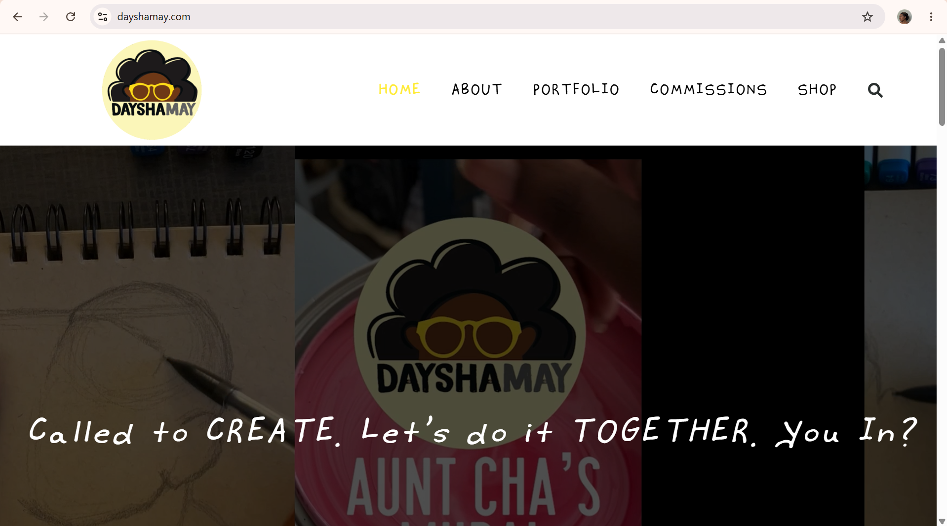 Screenshot of a website's homepage for 'Daysha May', featuring a logo with a cartoon woman wearing sunglasses, and a navigation bar with links labeled Home, About, Portfolio, Commissions, Shop, and a search icon.