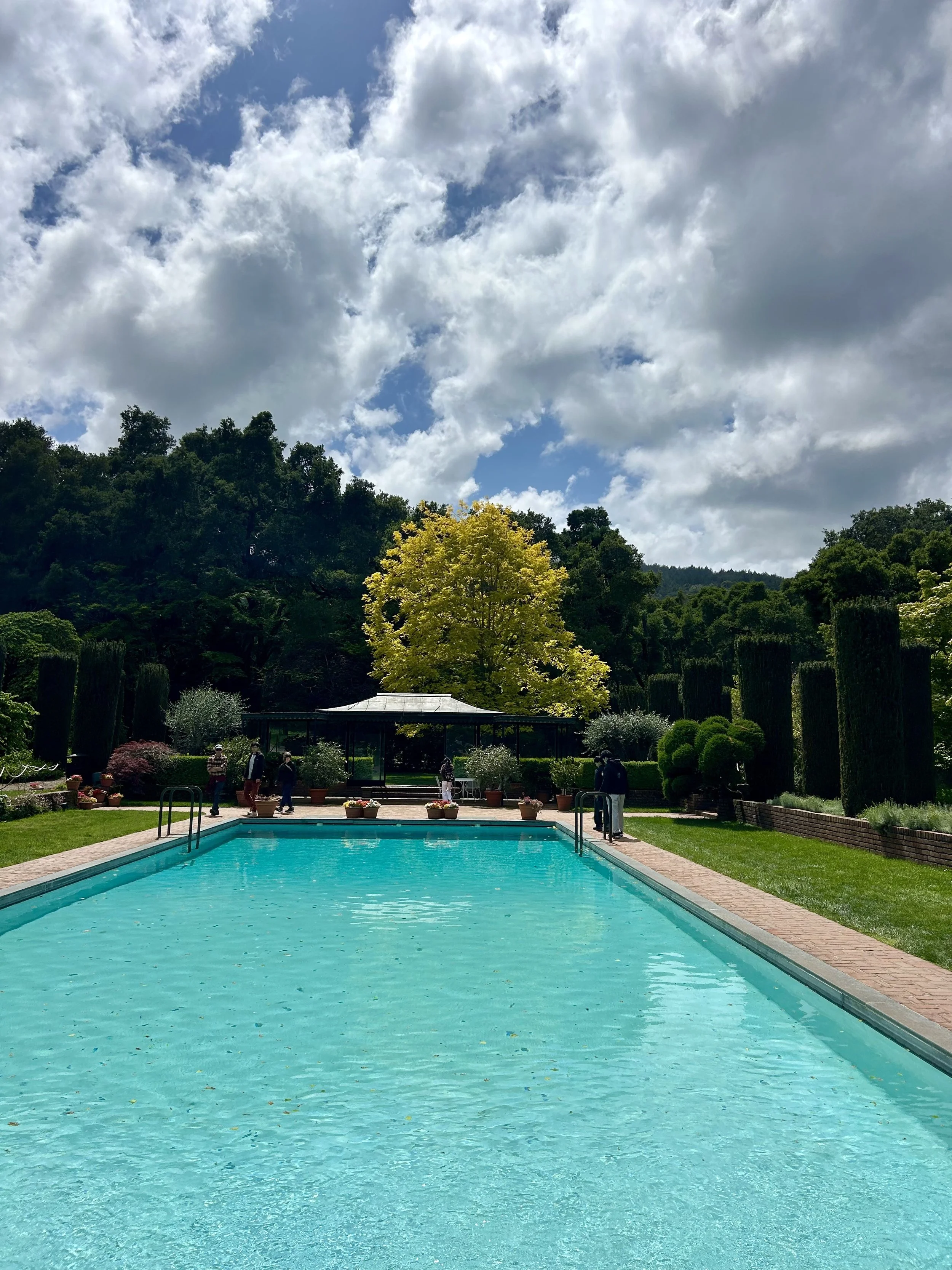 A swimming pool in a garden with trees and shrubs, a gazebo in the background, and a partly cloudy sky overhead.