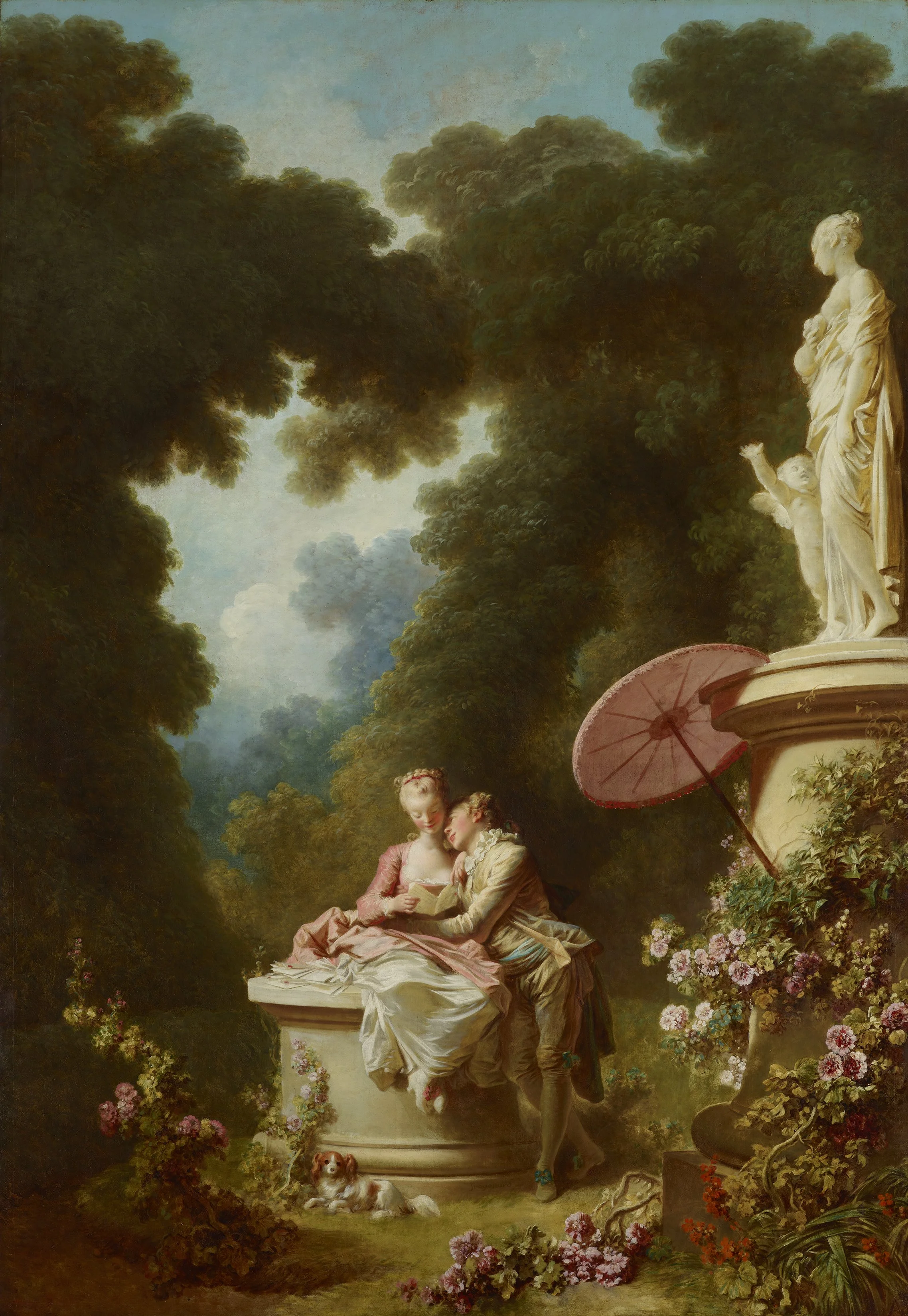 A classical landscape painting of two women sitting on a platform, with lush greenery and flowers around them. One woman is reading a book while the other leans against her. Two children are nearby, and a dog is lying on the grass. A stone pedestal with a bust and an ornate pedestal with a sculpture of a woman holding a child are also visible.