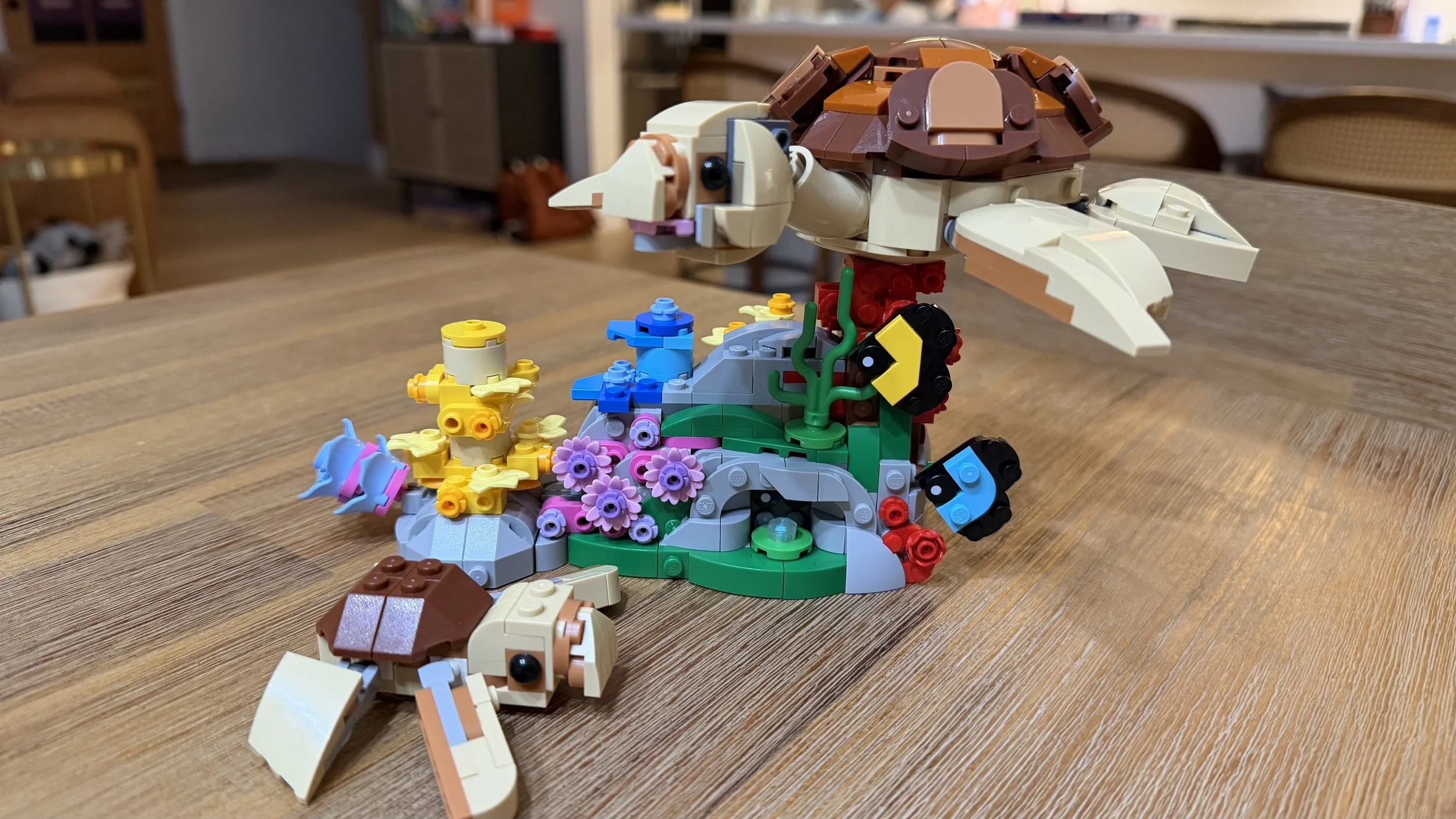 Completed LEGO Creator 3-in-1 Sea Turtle Family alternate build with two turtles and colorful coral reef scenery