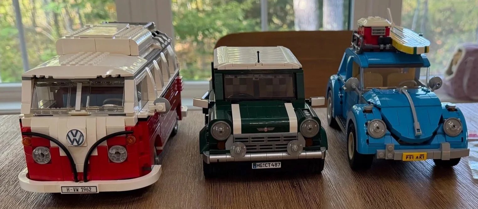 Rebuilt red-and-white LEGO T1 Camper Van, green MINI