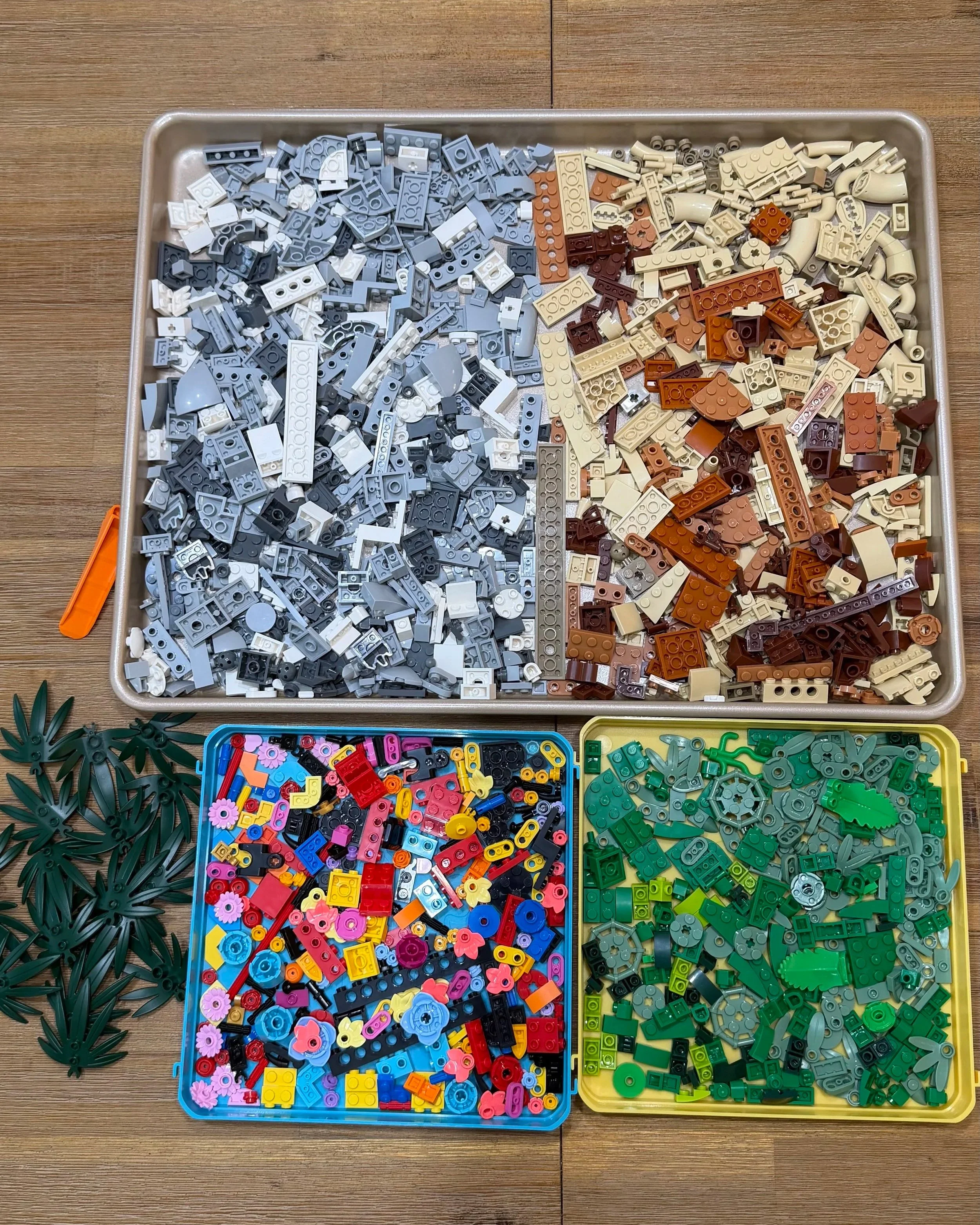 LEGO Family of Koalas pieces sorted by color into trays during disassembly.