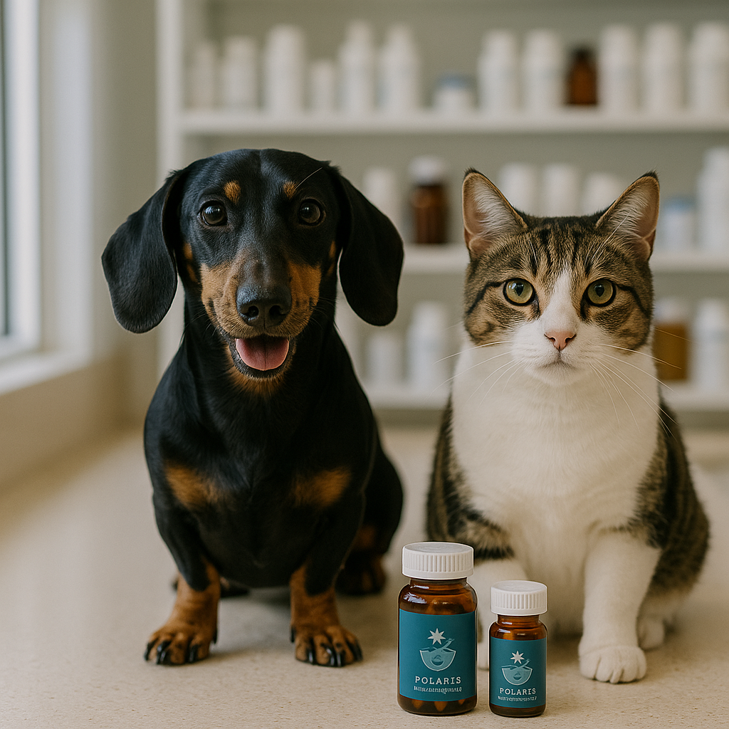 A black and tan dachshund and a tabby and white cat sitting on a light-colored floor, with medicine bottles in front of them, in a room with shelves of bottles in the background.