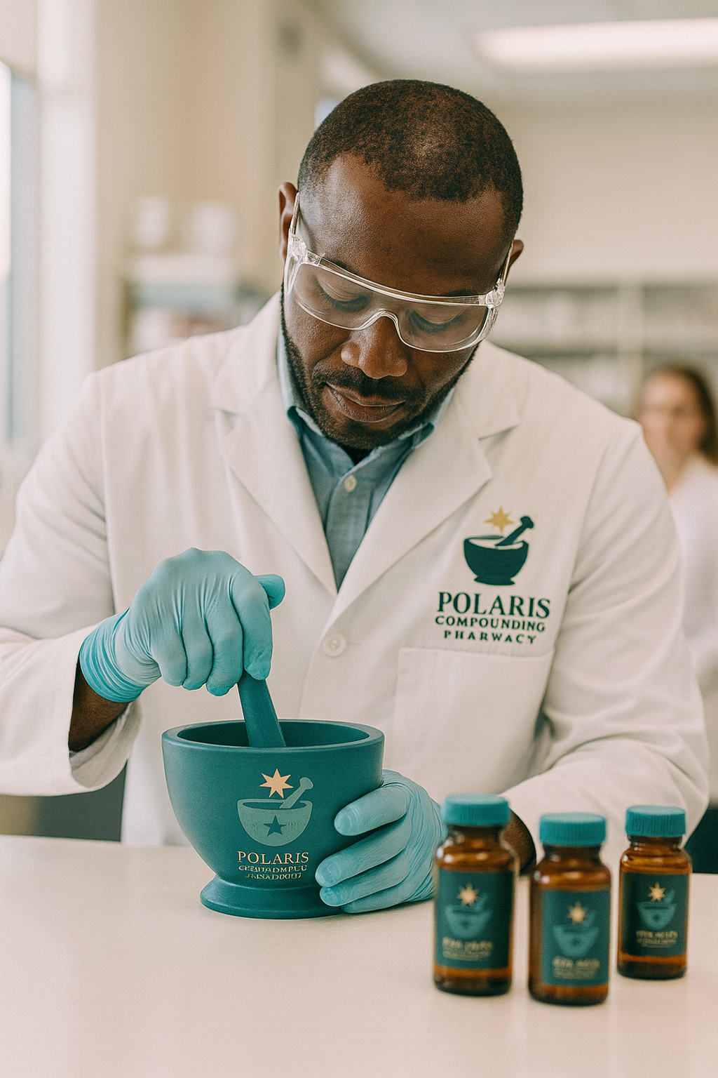 A scientist wearing safety glasses and gloves is crushing pills in a green Polaris-branded mortar and pestle, with three small bottles labeled Polaris medicine on the table.