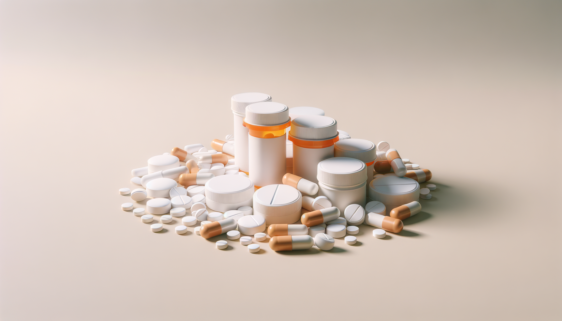 Various bottles and capsules of medication scattered on a beige surface.