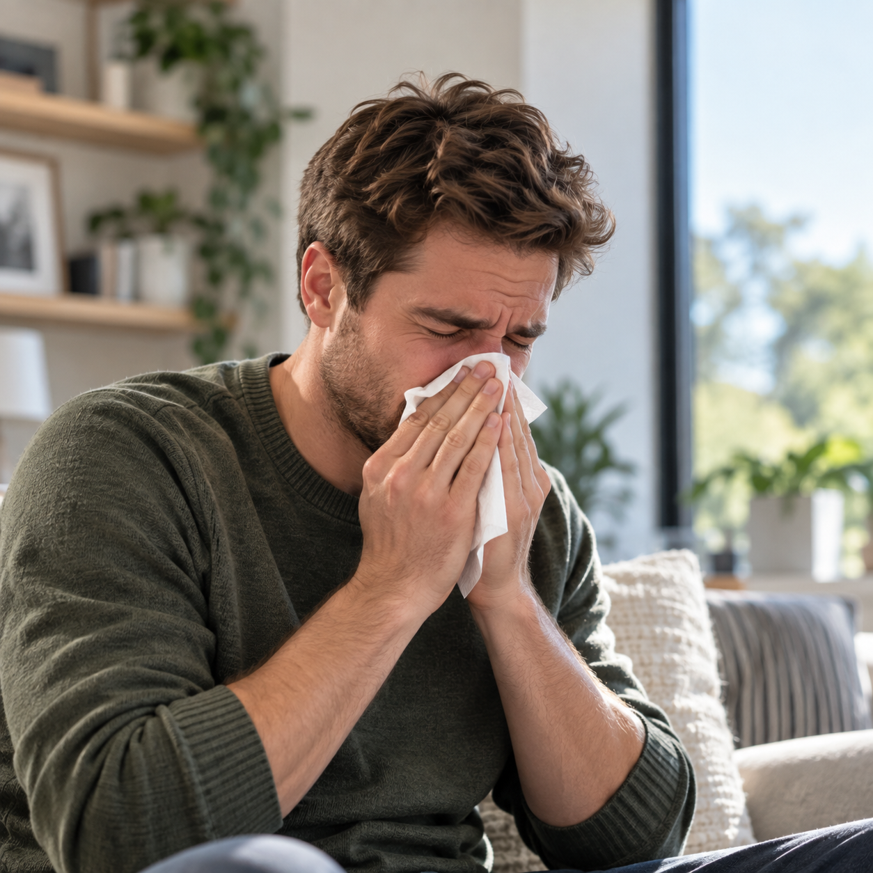 A man with brown hair and a beard sitting on a couch indoors, sneezing into a tissue, with a neutral-colored pillow in the background and sunlight coming through a window.