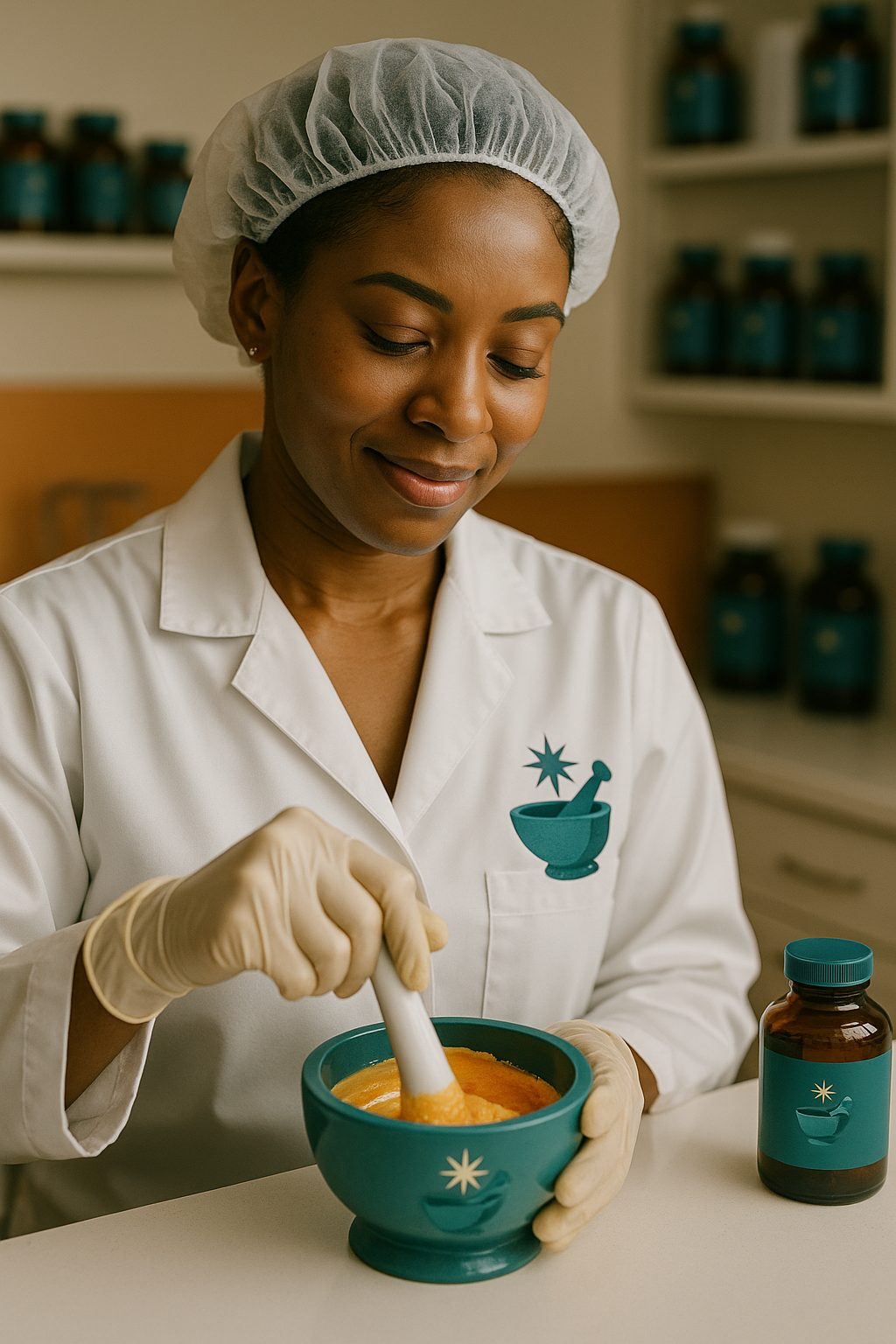 A woman wearing a white lab coat, gloves, and a hairnet, stirring a potion-like substance in a teal bowl, with a medicine bottle also teal with a mortar and pestle logo on the table.