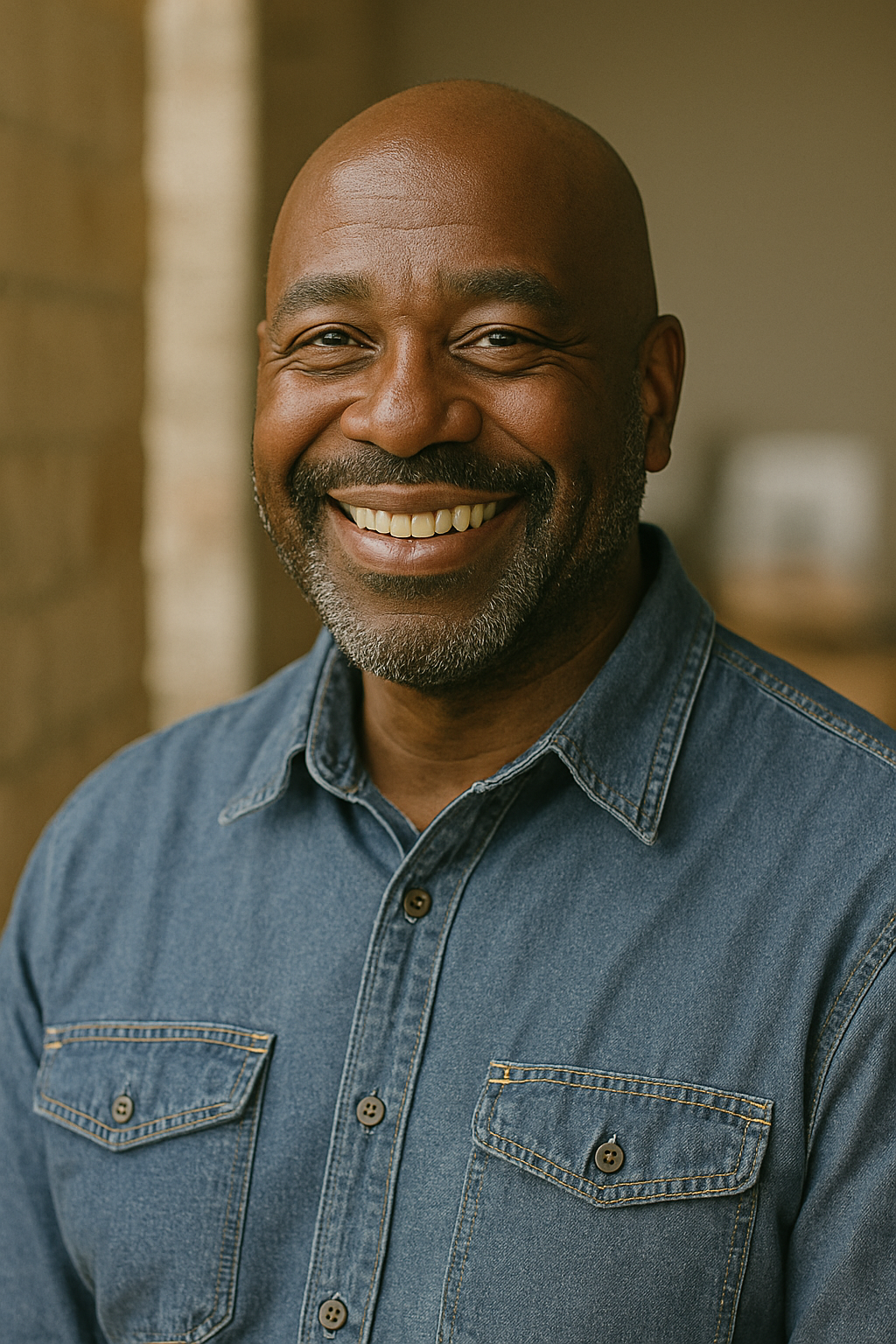 A smiling middle-aged man with a beard and mustache, wearing a denim shirt, in an indoor setting.