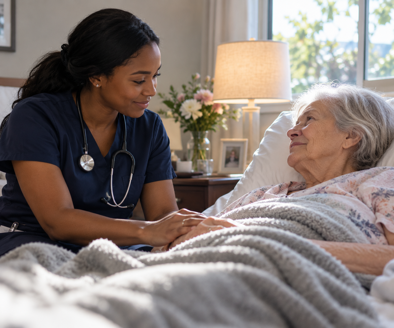 A nurse or caregiver in navy scrubs with a stethoscope holding hands and smiling at an elderly woman lying in bed in a well-lit room with flowers and framed photos.