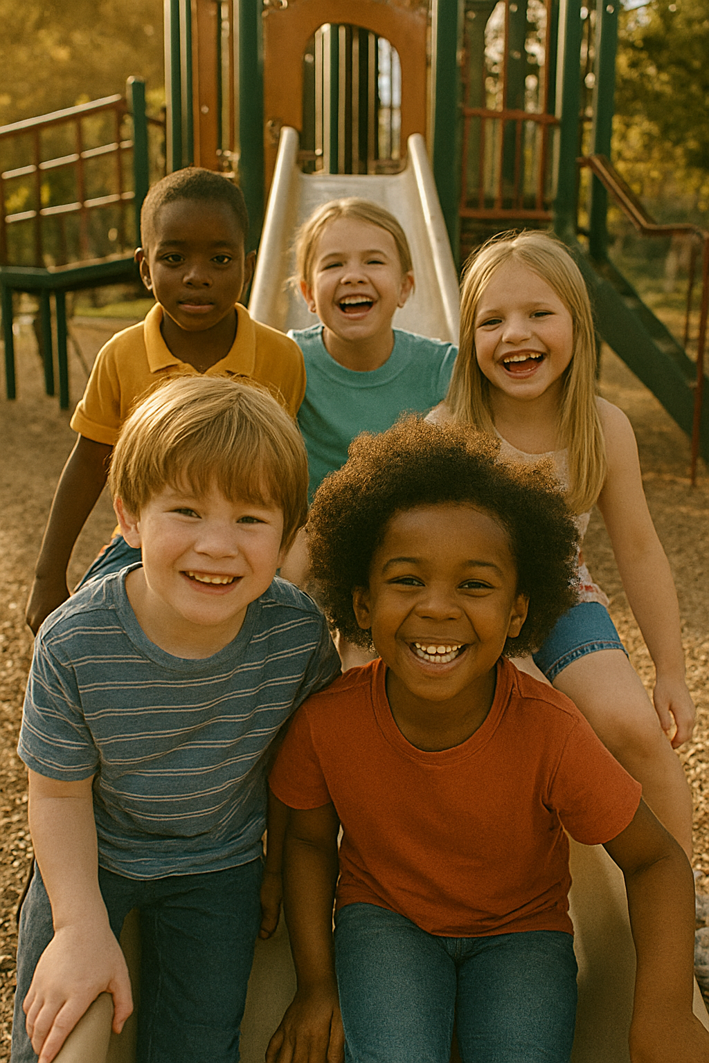 A group of six children smiling and posing on a playground slide outdoors during daytime.