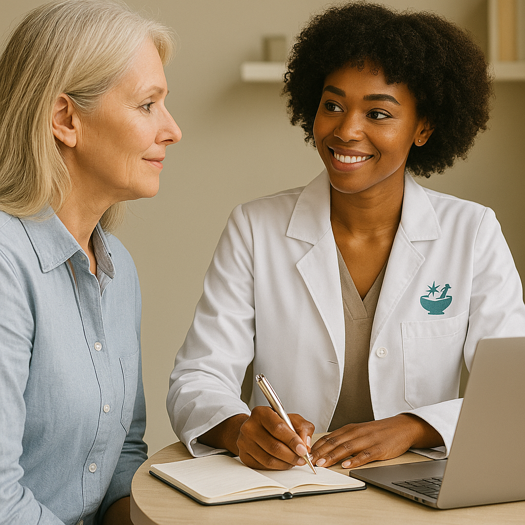 A woman in a white medical coat talking to an older woman in a light blue shirt. The woman in the coat is smiling, holding a pen, and has a notebook and laptop on the desk.