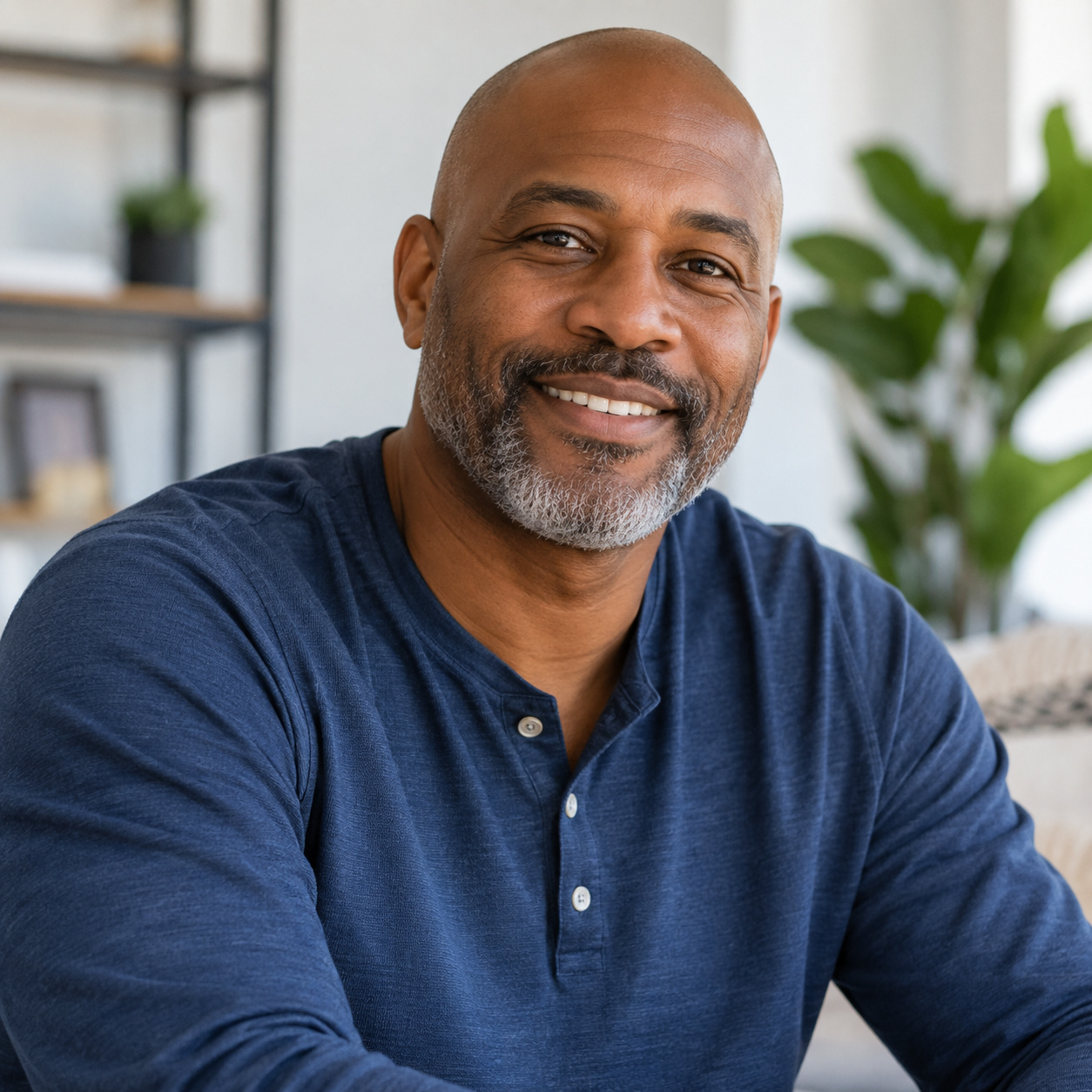 A smiling middle-aged man with a beard and shaved head wearing a navy blue button-up shirt, sitting indoors near a green plant and bookshelf.