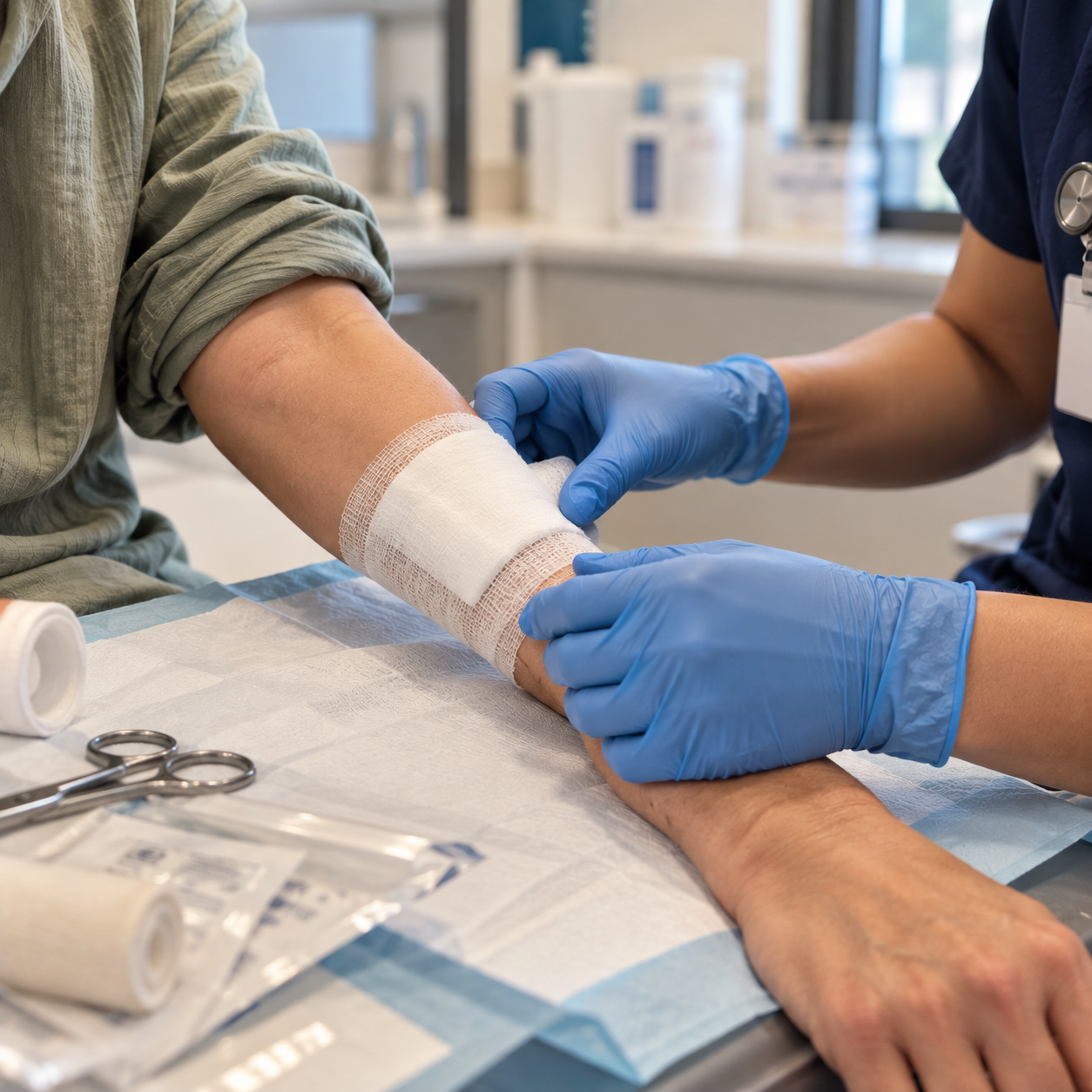 A healthcare professional in blue gloves applying a bandage to a patient's forearm in a medical setting.