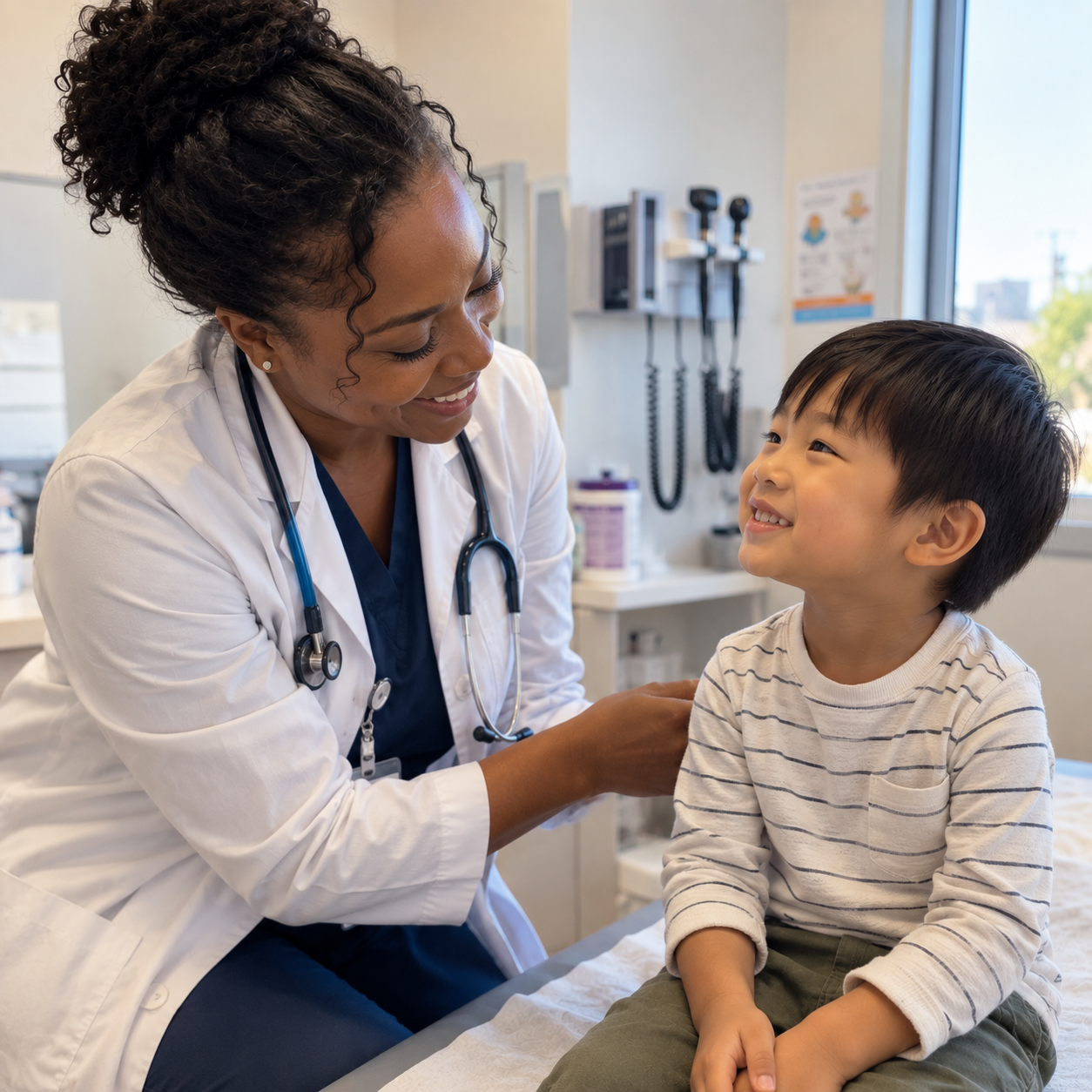A female doctor with a stethoscope smiling at a young boy in a medical examination room.