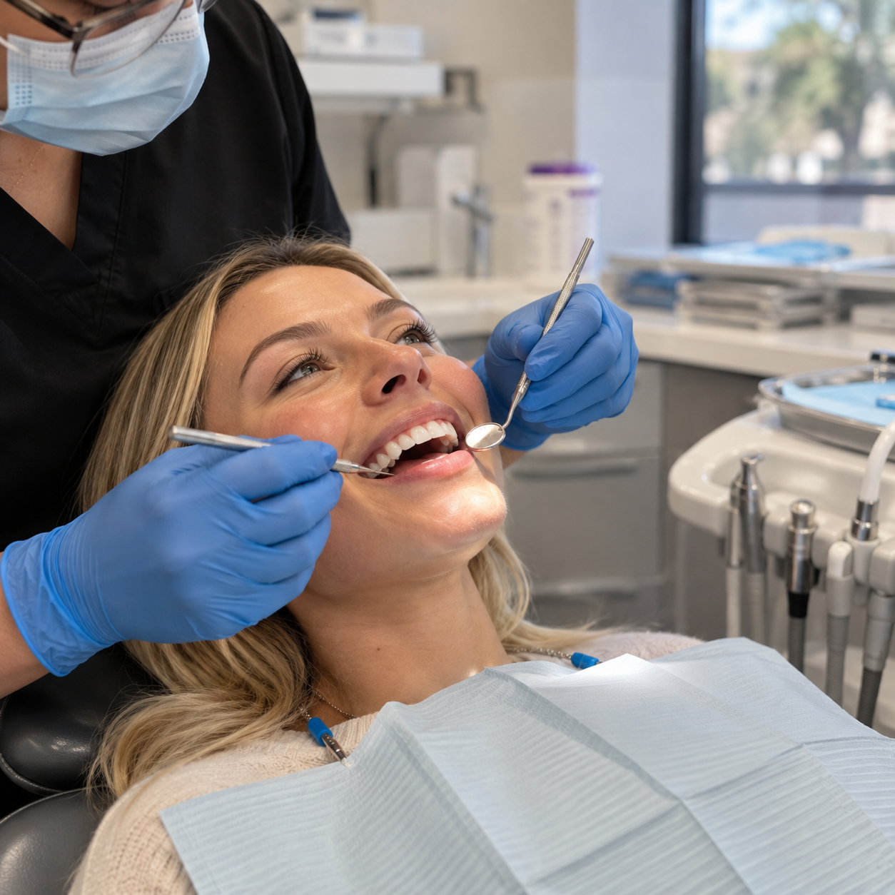 A woman at the dentist's office reclining in the chair, smiling with her mouth open, as a dentist inspects her teeth with dental tools. The dentist is wearing a face mask and blue gloves, and the office has dental equipment and supplies visible in the background.