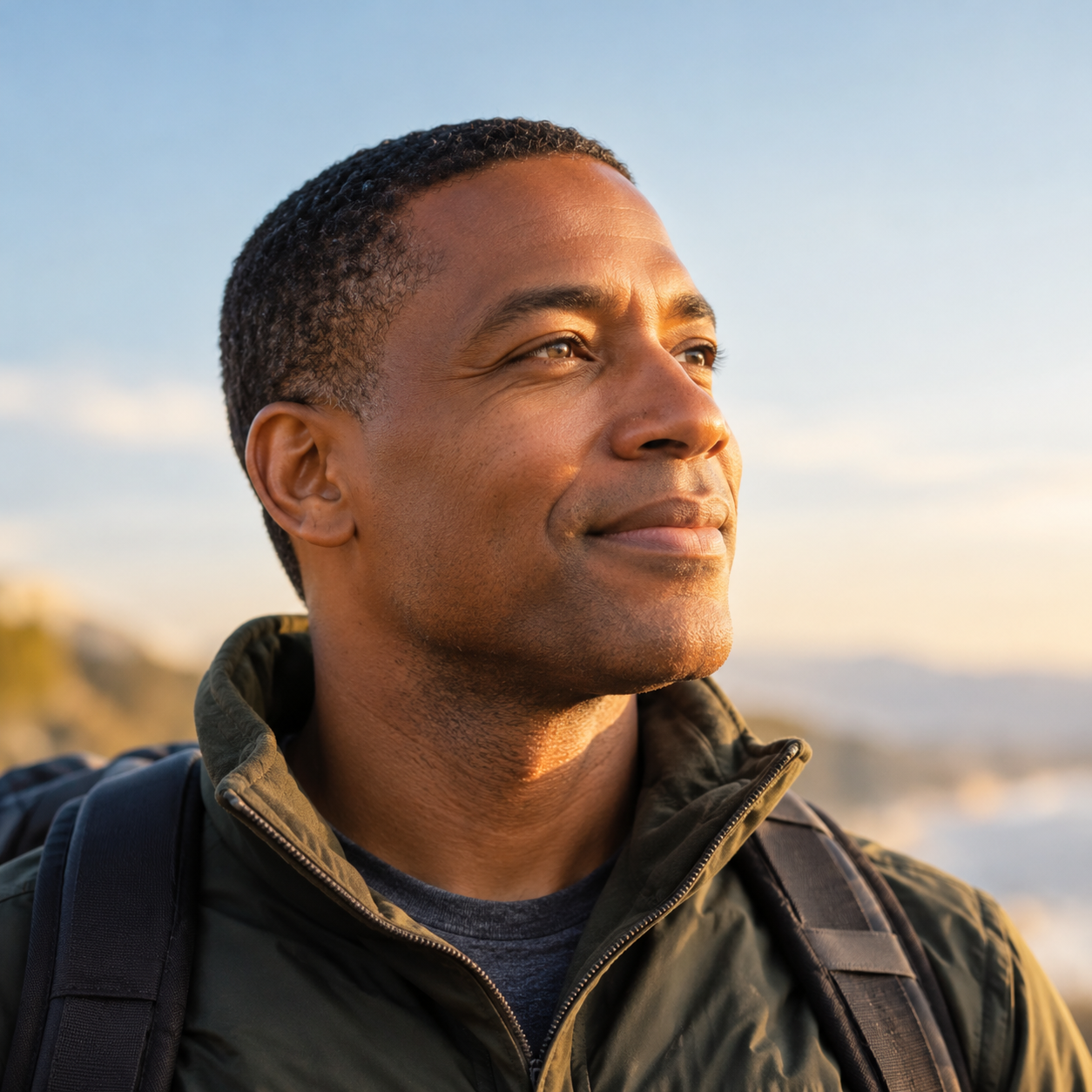 A man looking into the distance outdoors at sunset, wearing a jacket and backpack.