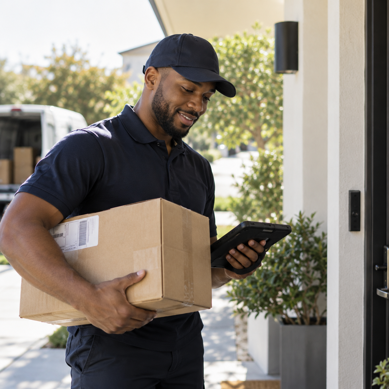 A delivery person holding a package and using a mobile device outside a house.