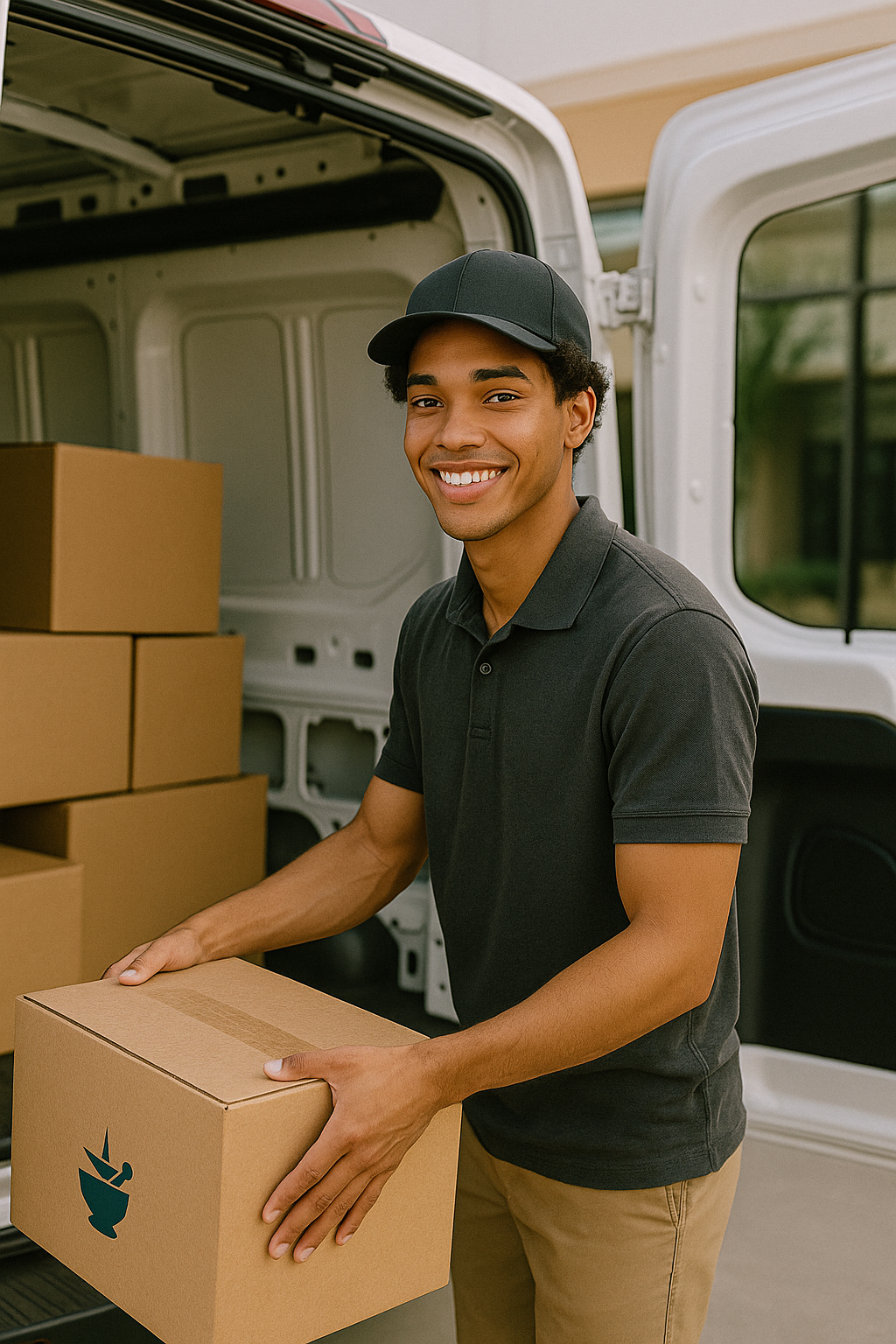 A smiling young man loading a cardboard box into the back of a delivery van.