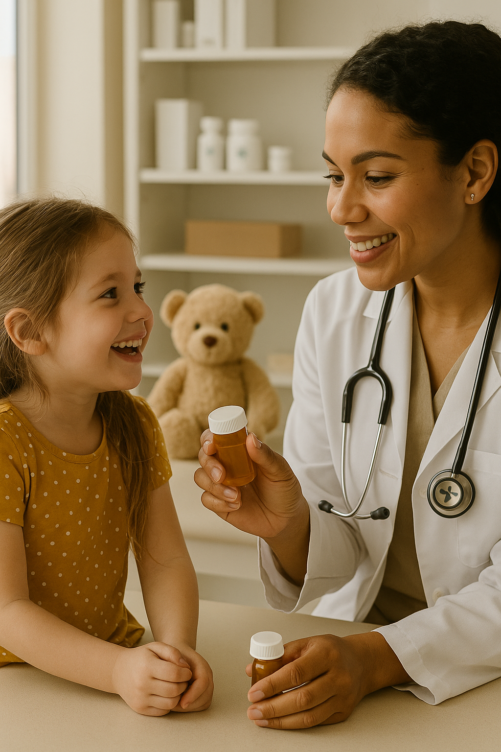 A young girl with red hair and a yellow polka-dot shirt smiling at a female doctor who is holding a medicine bottle. The doctor is wearing a white coat and has a stethoscope around her neck, smiling back at the girl.