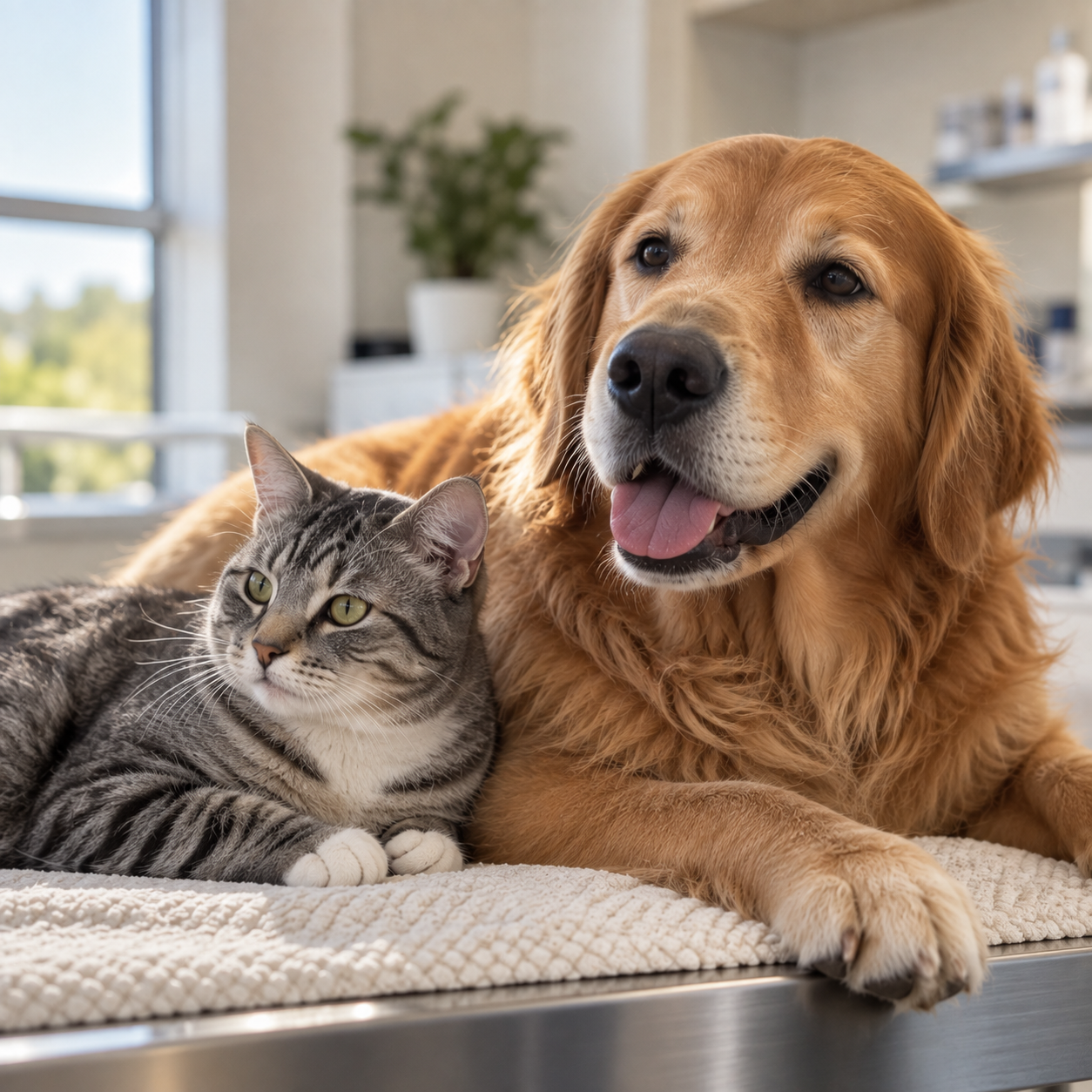 A golden retriever dog and a tabby cat lying next to each other on a white blanket.
