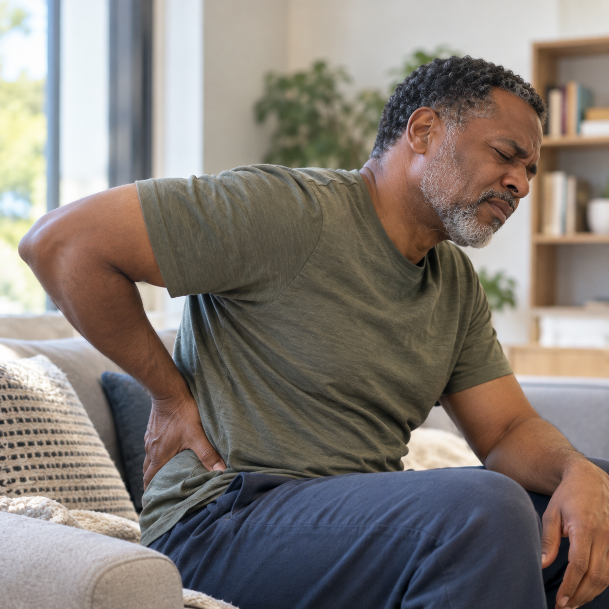 An older man sits on a sofa holding his lower back with a pained expression, indicating back discomfort or injury.